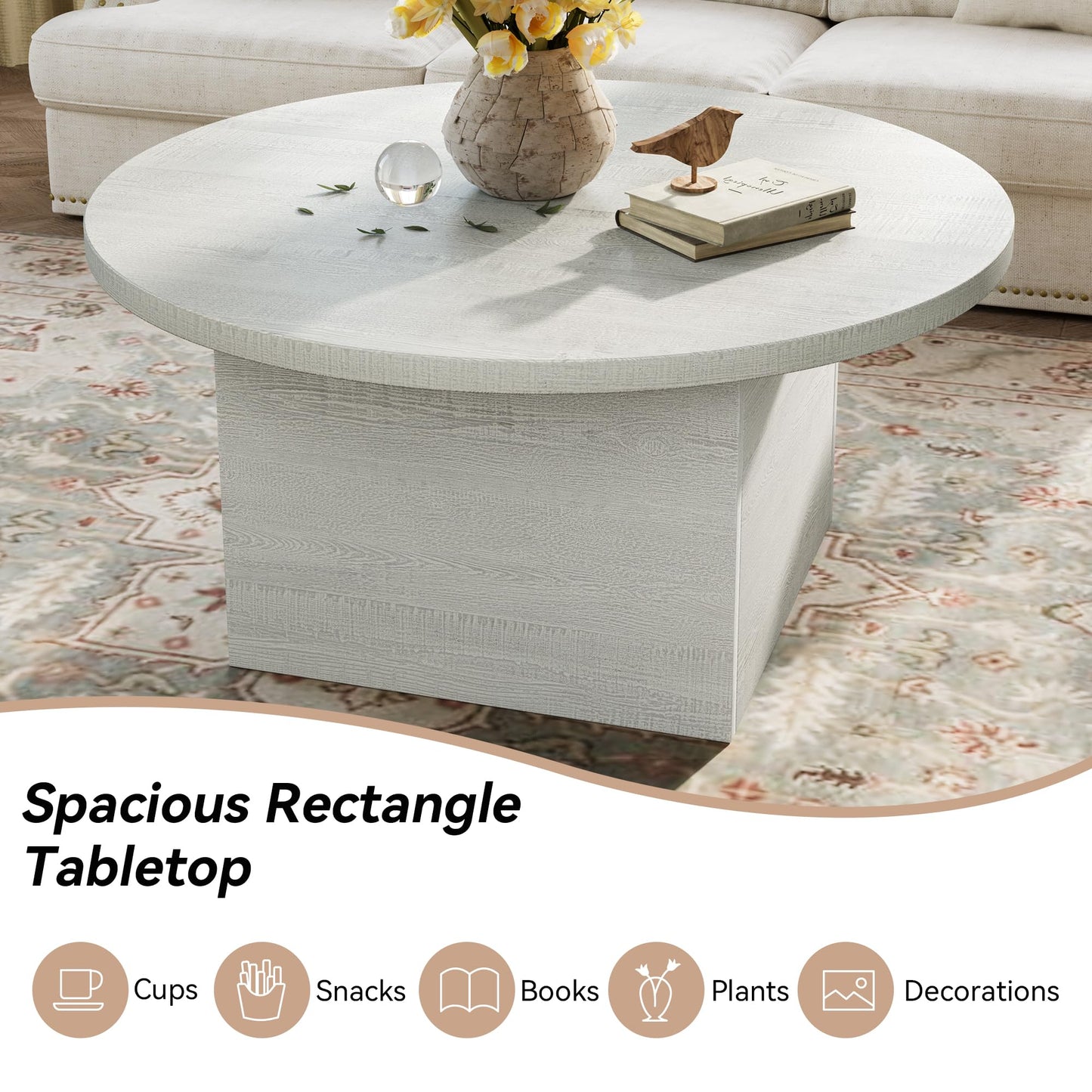 AMICLIBER Round Coffee Table, 35.5-Inch Modern Engineered Wood Center Coffee Tables for Living Room, Home Office Wooden Farmhouse Rustic Cocktail Tea Accent Table,White