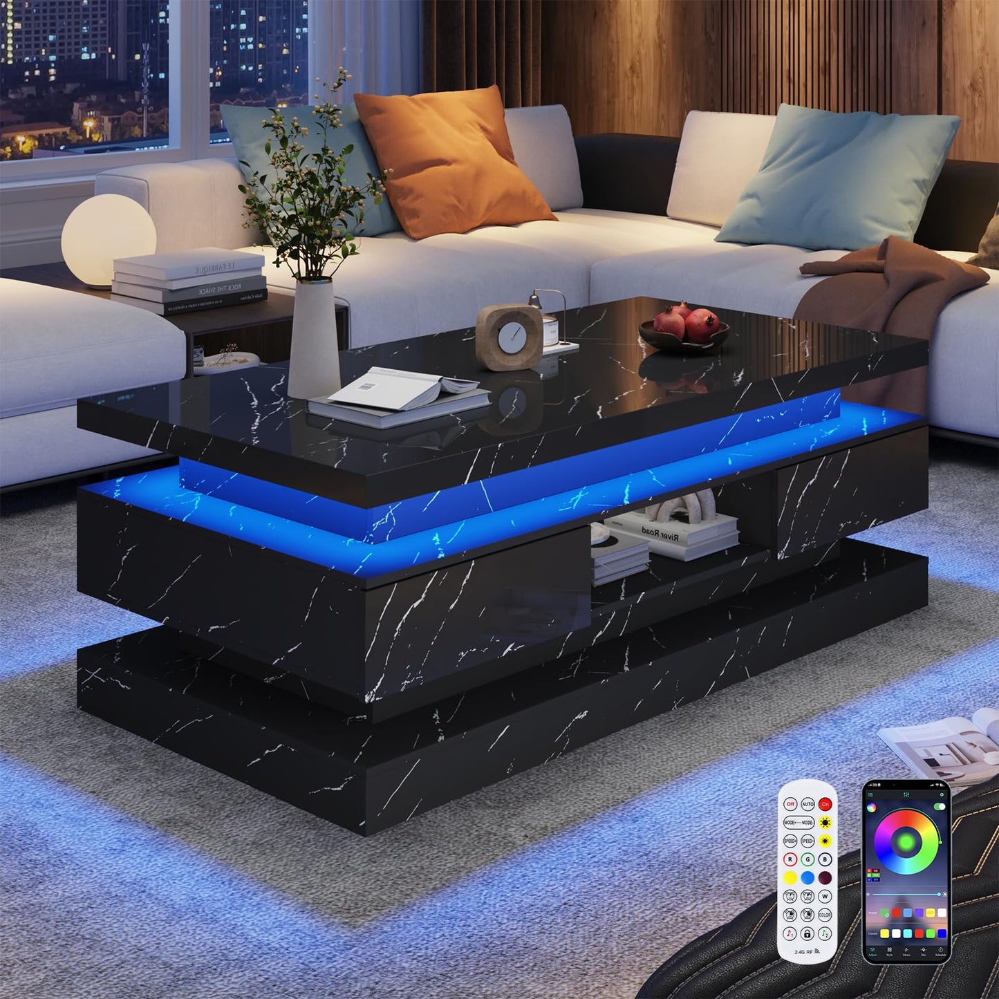 47.2 inch Modern High Glossy LED Coffee Table with 2 Sliding Drawers, Double-Layer Center Tables with LED Lights for Livings Room Furniture, Black