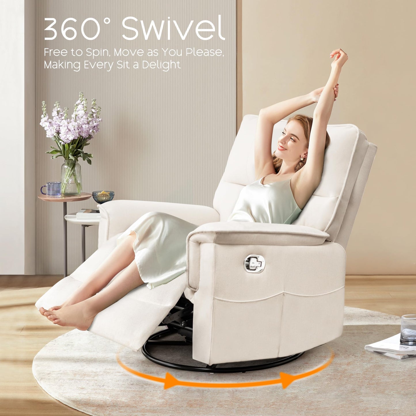 YUUIJOAA Swivel Rocker Recliner Chair, Manual Reclining Glider Chairs for Adults, Linen Nursery Recliner Sofa Chairs for Living Room, Bedroom, Beige