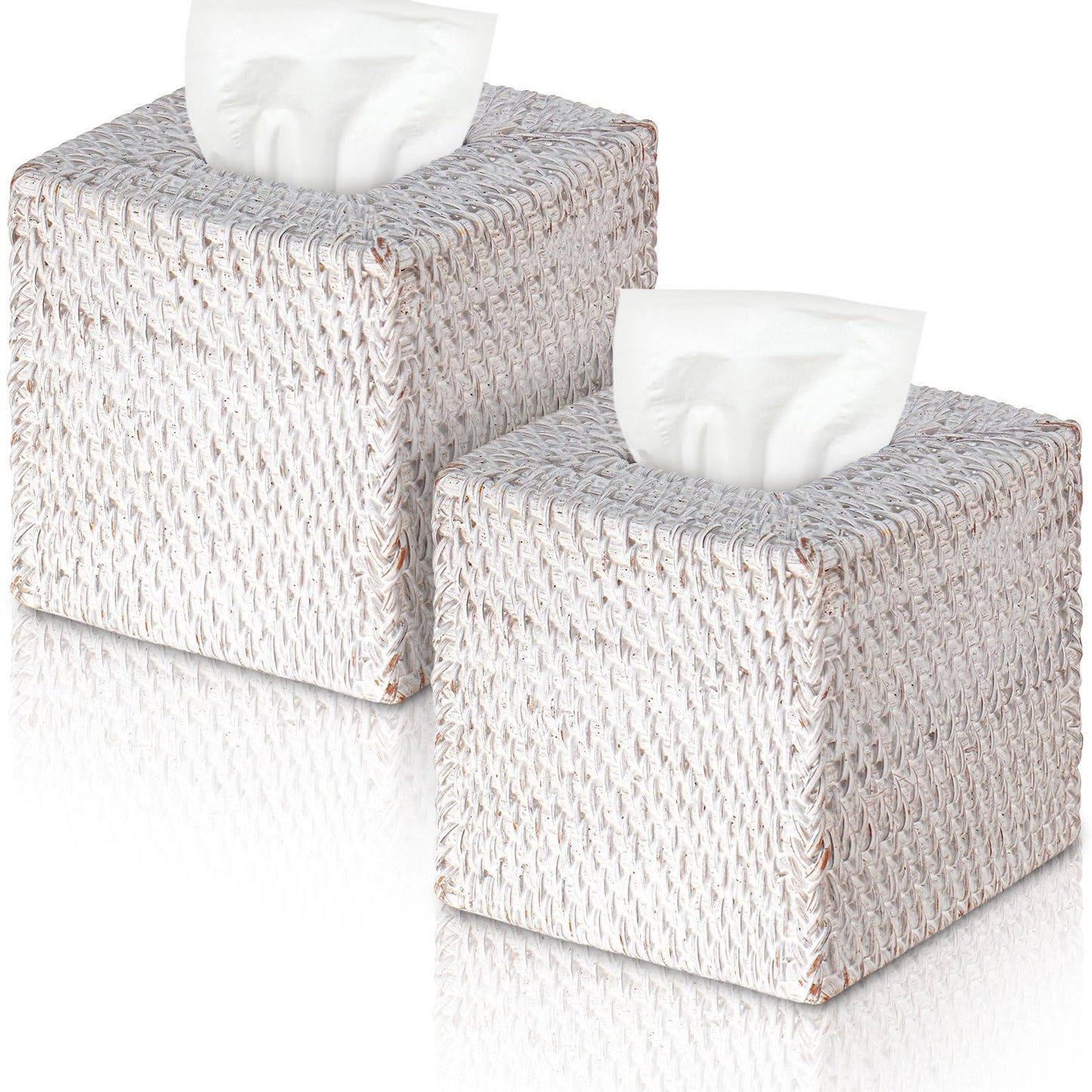 Kigley 2 Pcs Square Rattan Tissue Box Cover Boho Wicker Tissue Cube Box Cover 5.5'' x 5.5'' x 5.5'' Decorative Natural Wicker Hand Woven Napkin Box Holder Bathroom Office Car Accessories (Wood)