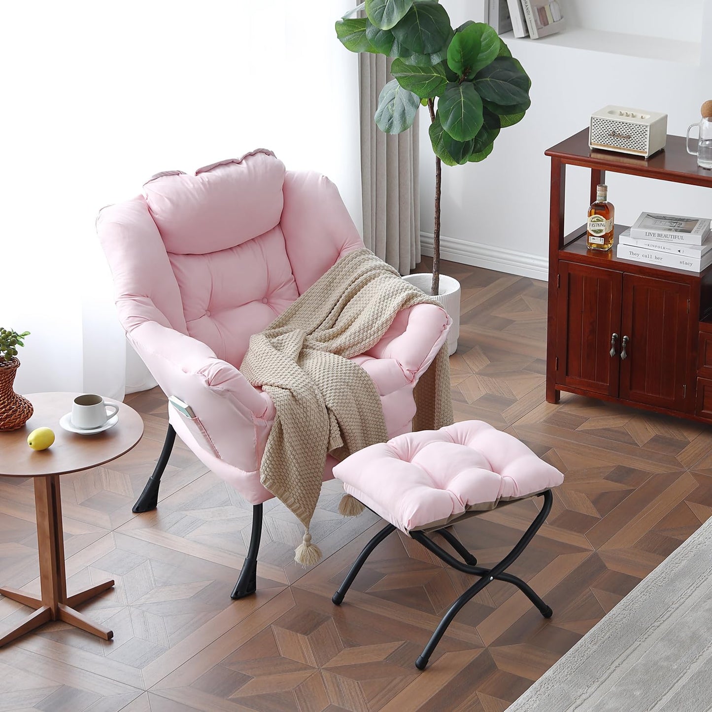 MBOOYOME Lazy Chair with Folding Ottoman, Modern Accent Lounge Armchair with Armrests and a Side Pocket & Foldable Footstool, Leisure Reading Chair for Living Room, Bedroom, Dorm & Office, Pink