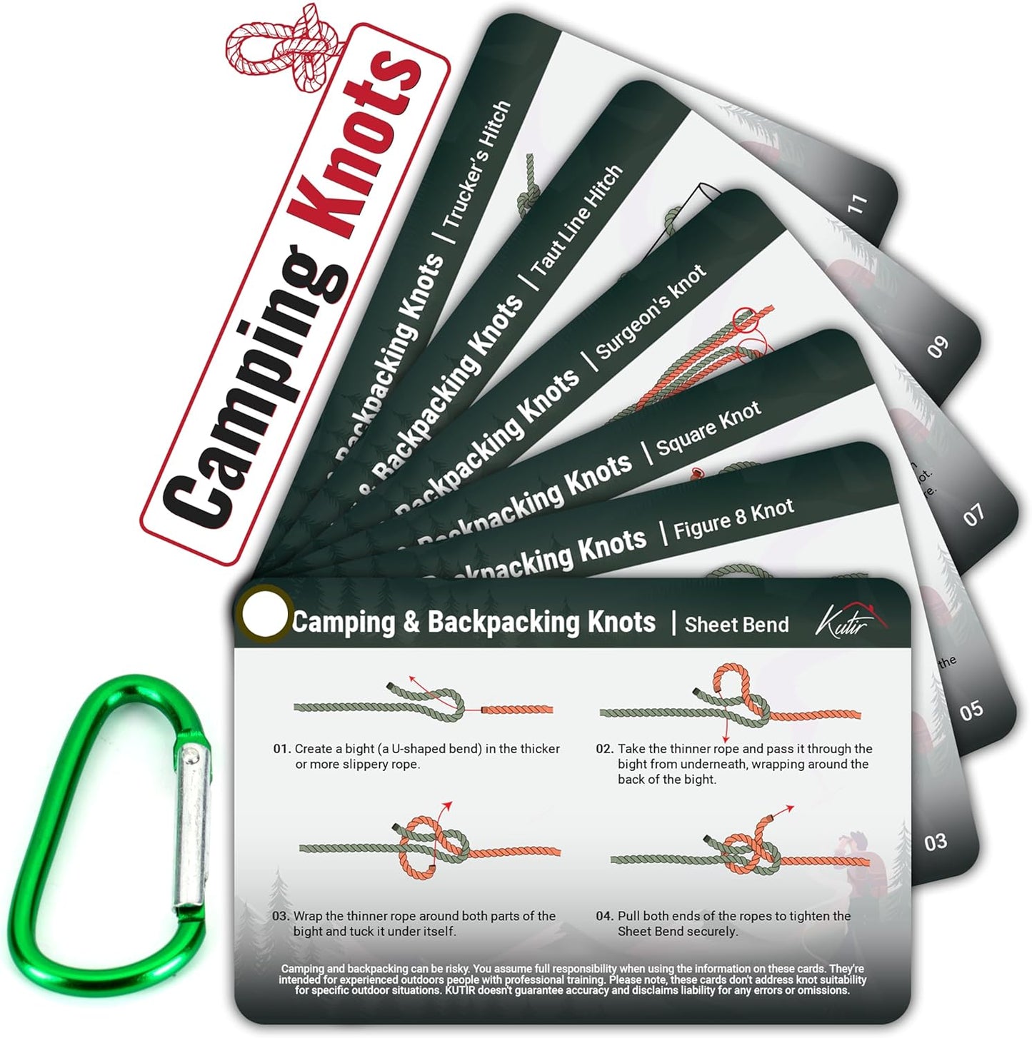 Outdoor Knots Mastery Guide - Essential Backpacking, Scouting & Camping 12 Portable Pocket Size Knot Cards - Waterproof Portable Reference with Mini Carabiner