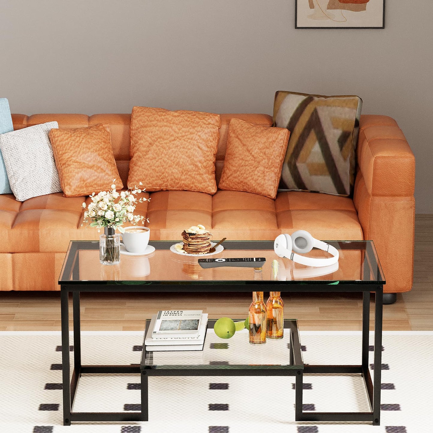 Wolawu Coffee Table Black Glass Coffee Table for Living Room,2 Tiers Rectangle Center Table with Sturdy Metal Frame,Modern Tempered Glass Accent Table for Bedroom Home Office