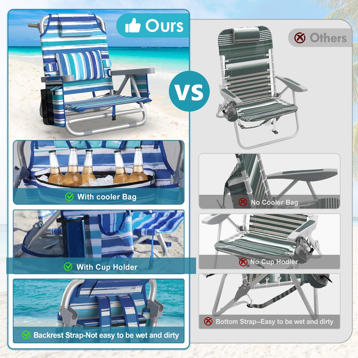 Suteck Beach Chair, Adjustable 5-Position Backpack Beach Chairs for Adults Kids, Foldable Lay Flat Chair with Cooler Bag, Cup Holder and Lumbar Pillow, Reclining Lay Down Chairs for Lawn Outdoor