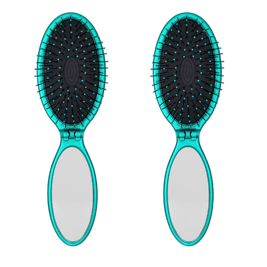 Wet Brush Pop Go Detangler, Blue Teal - Foldable, On-The-Go Design, Travel Brush, Ultrasoft IntelliFlex Bristles, Detangling Hairbrush, Built-In Mirror Handle, Wet & Dry, All Hair Types (Pack of 2)
