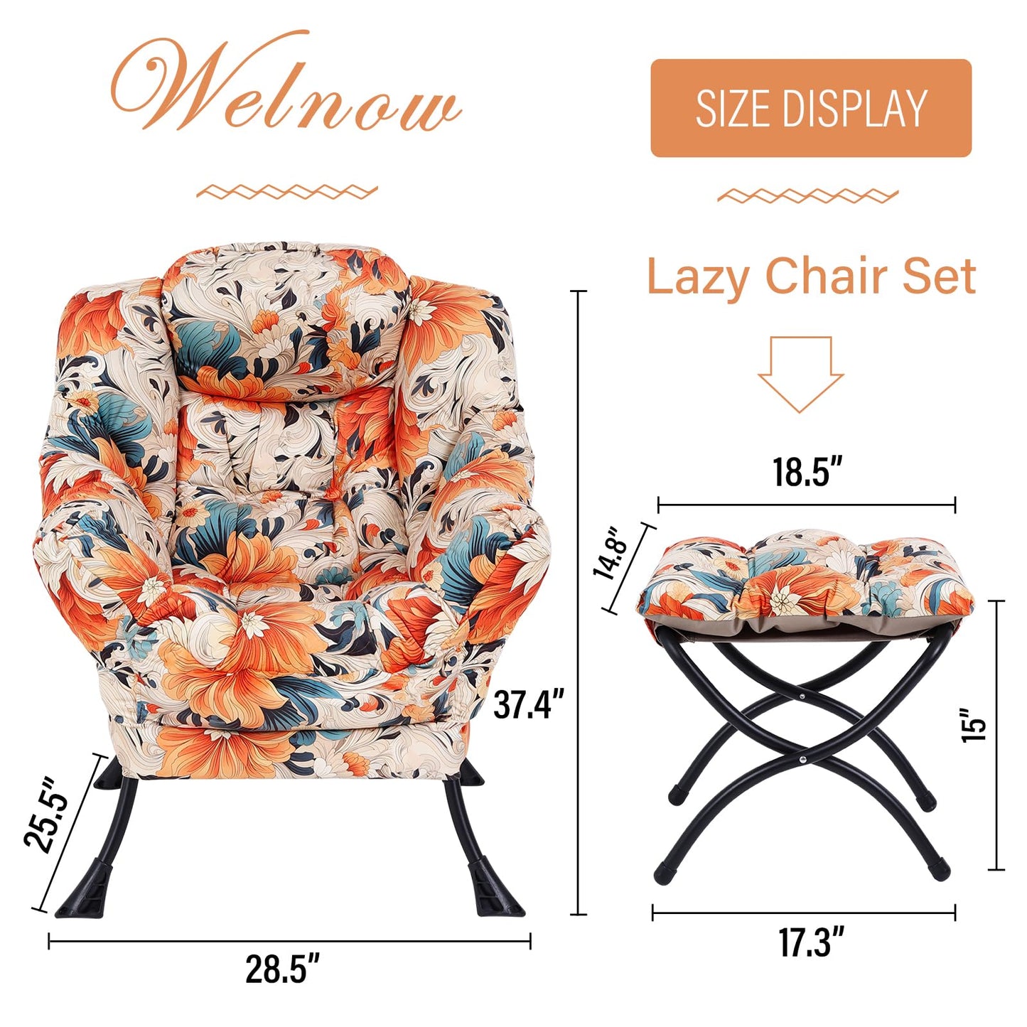 Welnow Lazy Chair with Ottoman, Modern Lounge Accent Chair with Armrests and a Side Pocket, Leisure Sofa Armchair Set, Reading Armchair with Footrest for Small Space, Orange Blue