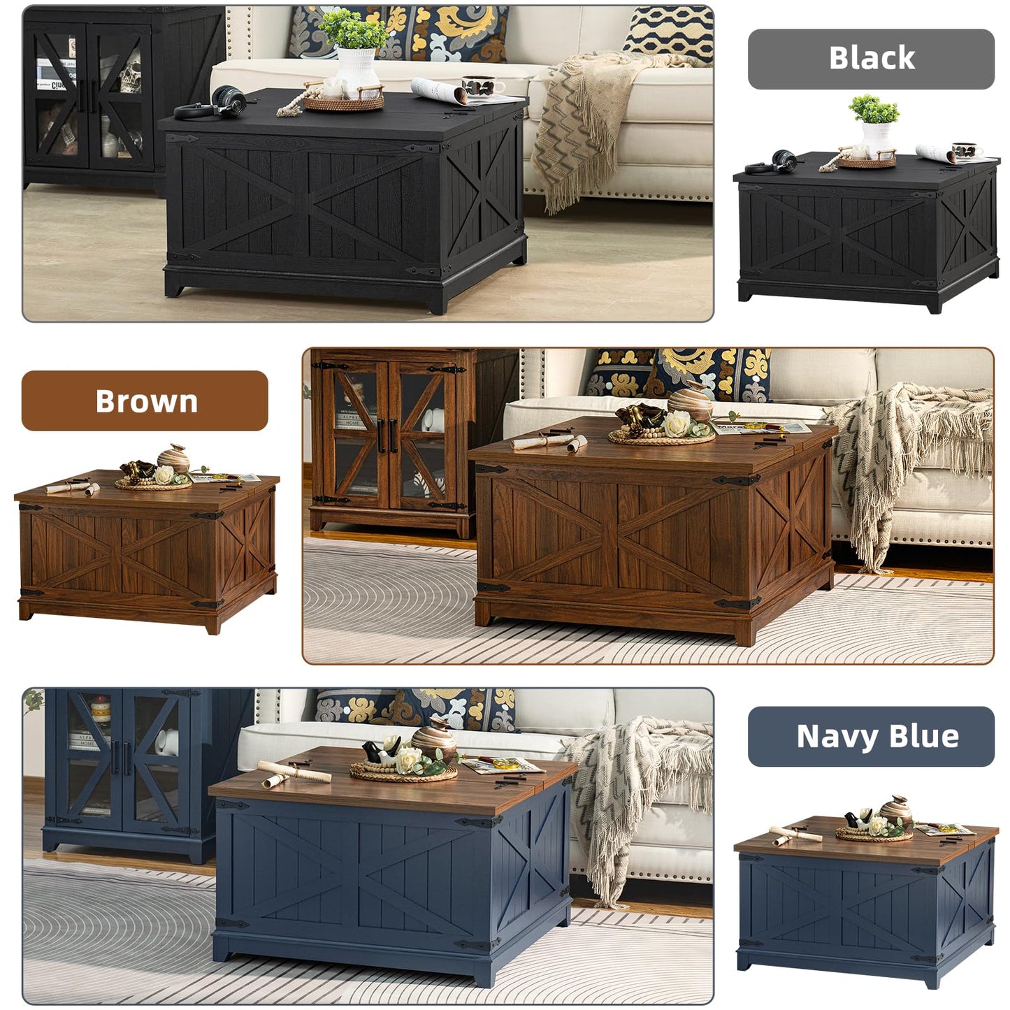 Joaxswe Farmhouse Coffee Table with Hidden Storage Organizer, Black Square Large Center Table, Wood Farm House Low Modern Living Room Tables with Hinged Lift Top for Home, Office