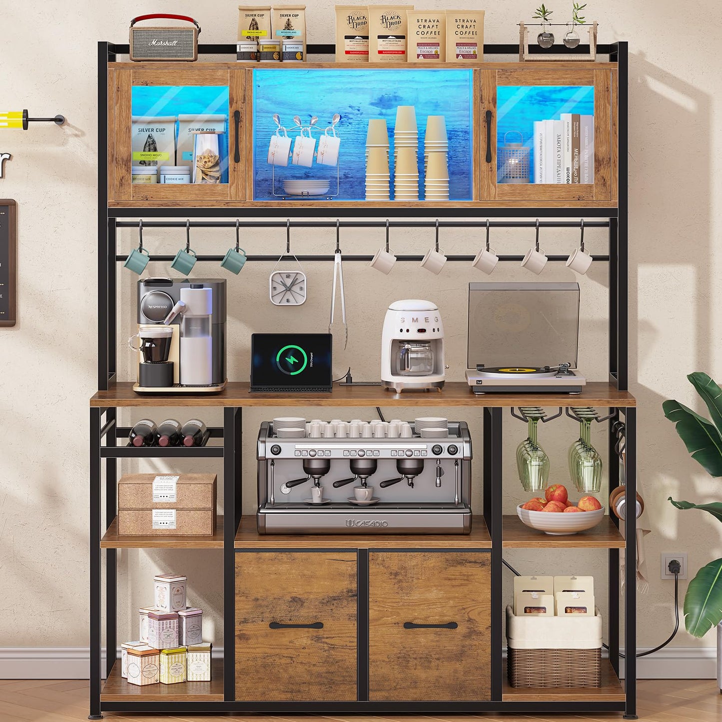 Itaar 47.2 Inch Coffee Bar Cabinet with Power Outlet, Farmhouse Bakers Rack with Storage, Kitchen Microwave Stand with Wine Rack, LED Light, Glass Cabinet, Goblet Holder and 12 Hooks (Rustic Brown)