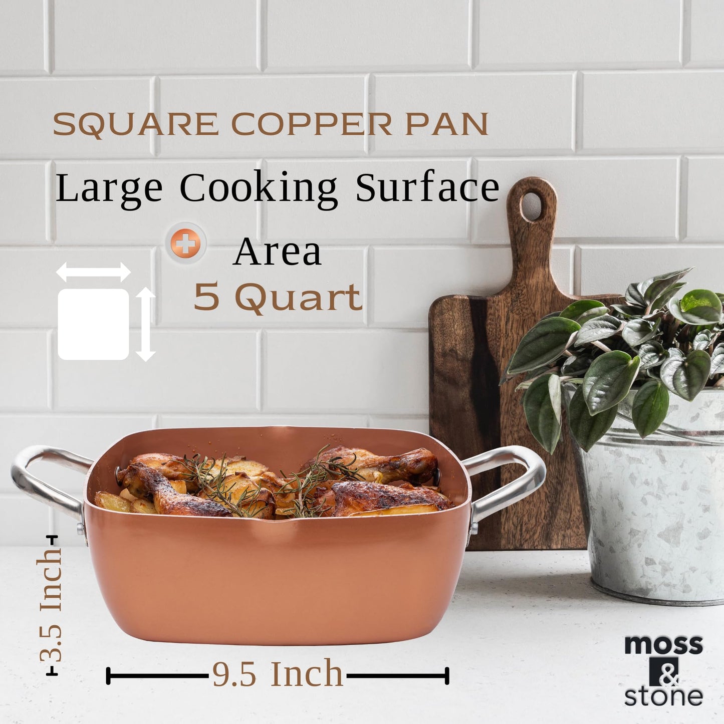 Moss & Stone 7 Pcs Copper Pots And Pans Set, Copper Chef Cookware Non Stick, Square Copper Pans for Cooking, Round Copper Pot & Fry Basket, Oven Safe 5 Quart Deep Frying Pan, Induction Cookware Set