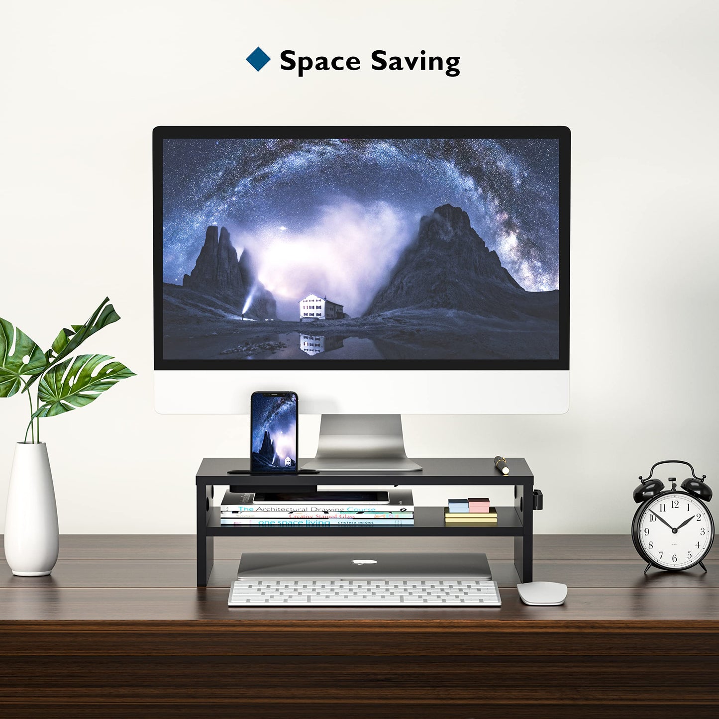 BONTEC Wooden Monitor Stand Riser, 2-Tier Desk Shelf with Storage Organizer, Ergonomic Computer Stand with Cable Management, Cellphone Holder, Black, 16.5 Inch