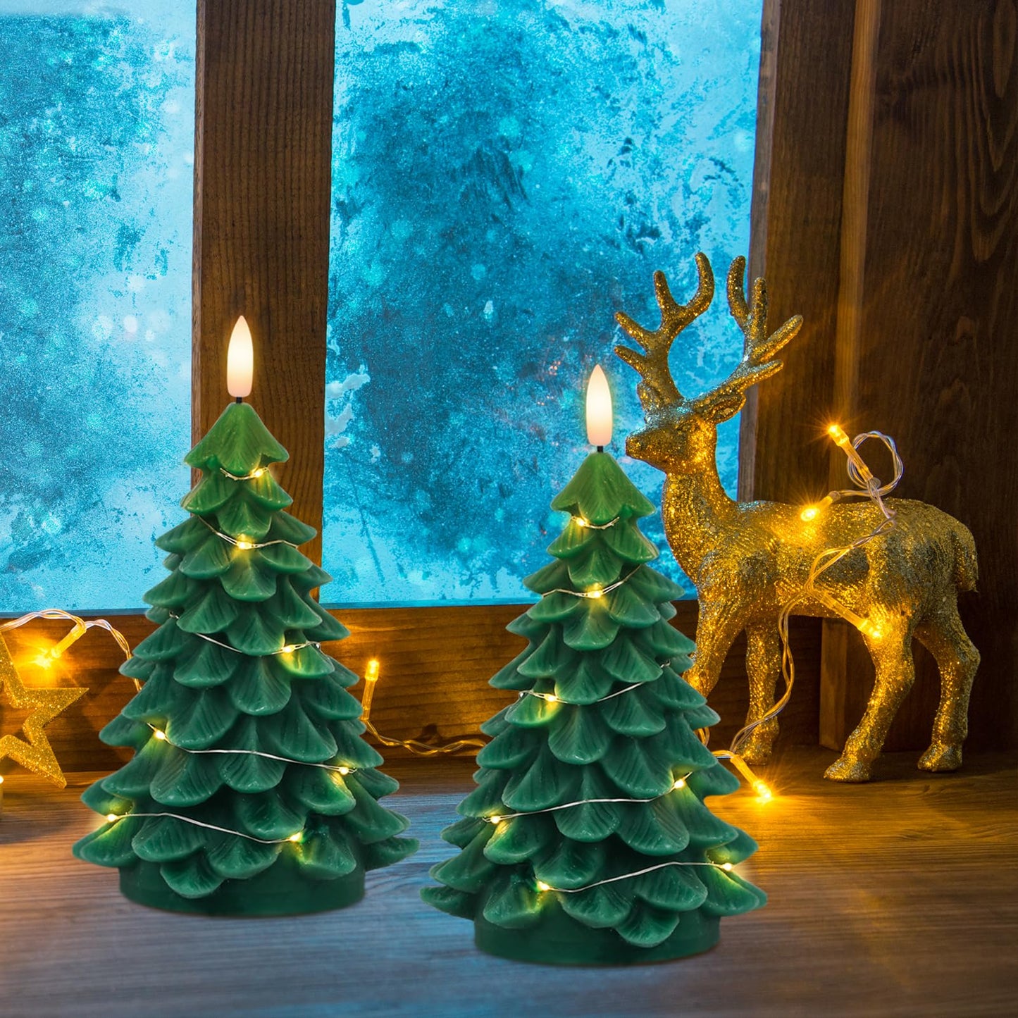 KunSwenn Christmas Tree Candles, 2 Pack Christmas Taper Candles with Remote Timer, Real Wax LED Flameless Taper Candlesticks Battery Operated with String Light for Christmas Decorations