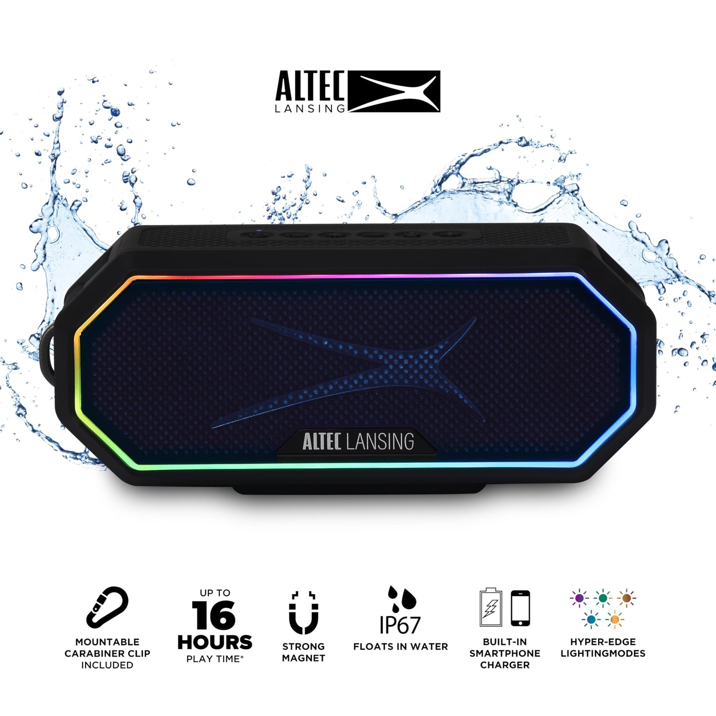 Altec Lansing Magnetic Bluetooth Speaker HYDRAJOLT 2.0, Waterproof IP67, 12W Output Power, 16H Battery, Multicolor LED, 100ft Wireless Range, Voice Assistant, USB-C Quick Charge