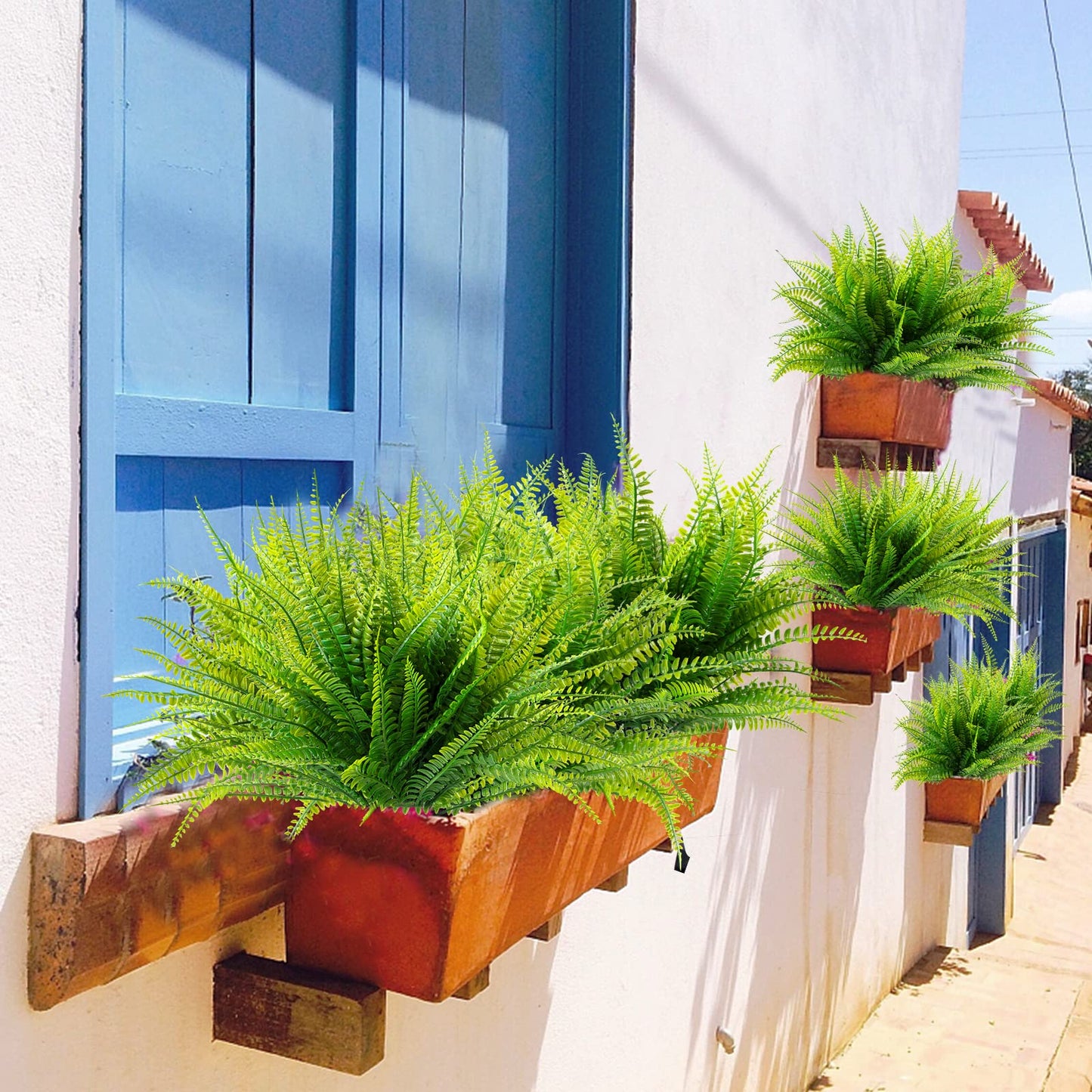 Ouddy Decor 12 Bundles Artificial Boston Ferns Artificial Plants Outdoor Greenery Stems Faux Shrubs UV Resistant for Garden Front Porch Table Window Box Home Decorations