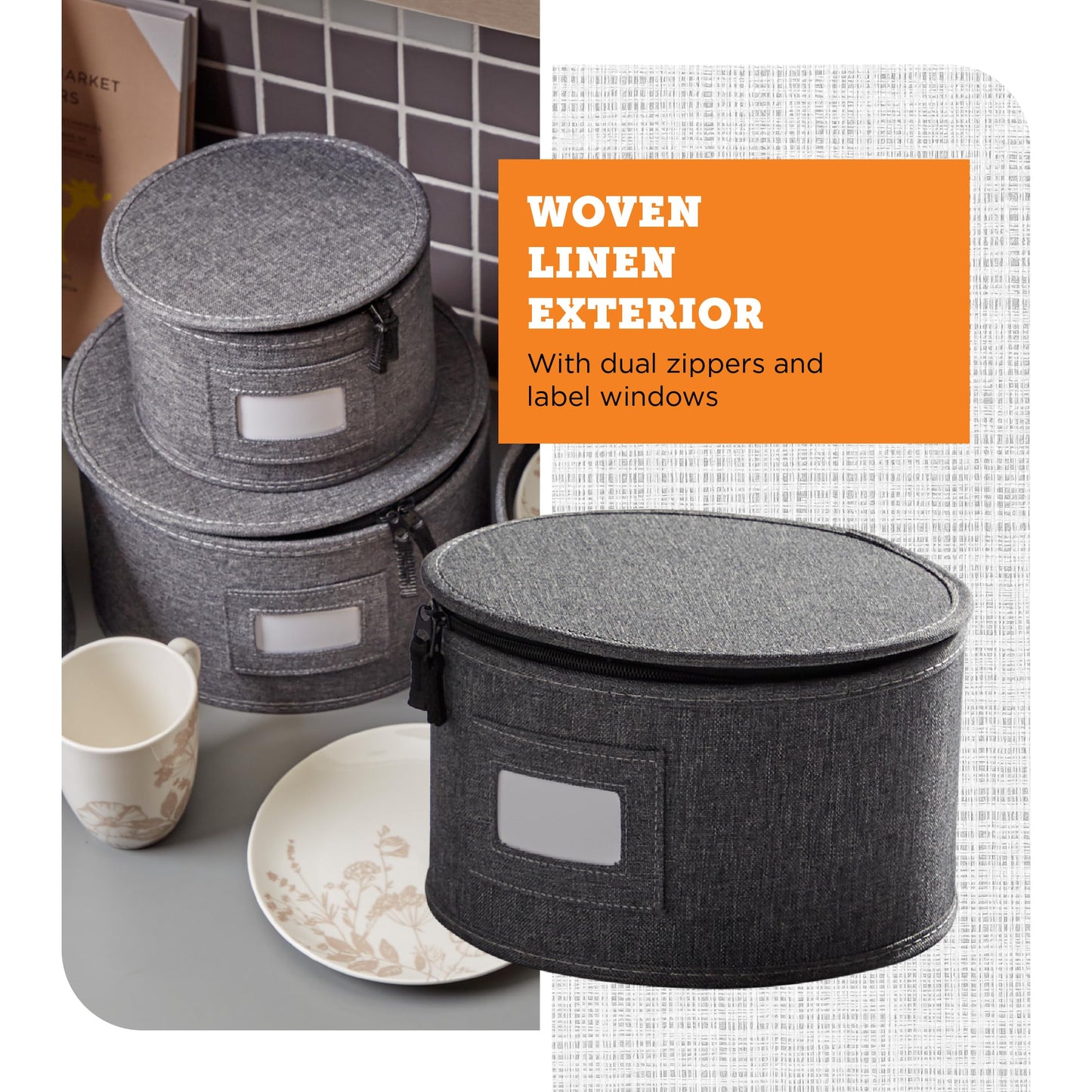 storageLAB China Storage Containers, Hard Shell Case with Felt Dividers for Charger Plates, and Dishes, Ideal for Kitchen Organization, Moving Supplies, and Fine China Storage - 4-Piece Set, Gray