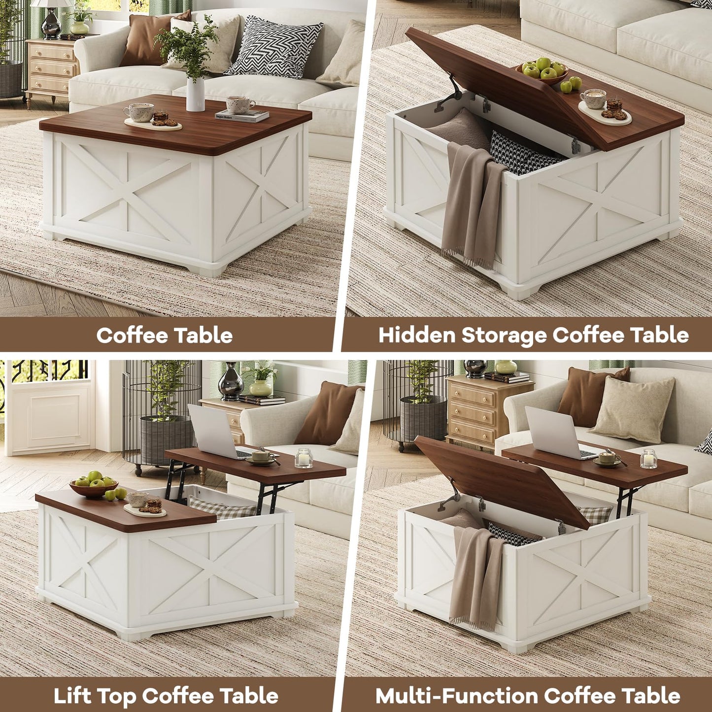Airynee Farmhouse Coffee Table with Hydraulic Lifter, Square Coffee Table with Large Hidden Storage Compartment for Living Room, Wooden Coffee Tables with Brown Flip-Top Lids for Home Office, White