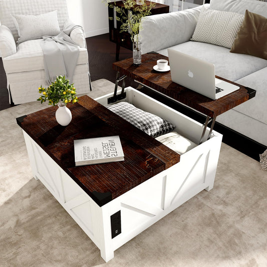 jimeimen Farmhouse Lift Top Coffee Table with Storage, Wood Square Center Table with Charging Station&USB Port, Living Room Table w/Large Hidden Space, for Living Room, Bedroom, Home Office, White