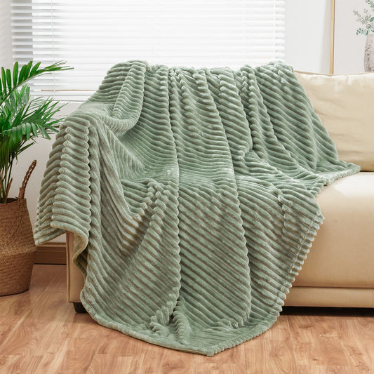 Bnuitland Sage Green Flannel Throw Blanket,300GSM Super Soft Fleece Stripe Pattern Sofa Blanket for Adults and Kids, Lightweight Cozy Bed Throw for Home Decor All Season
