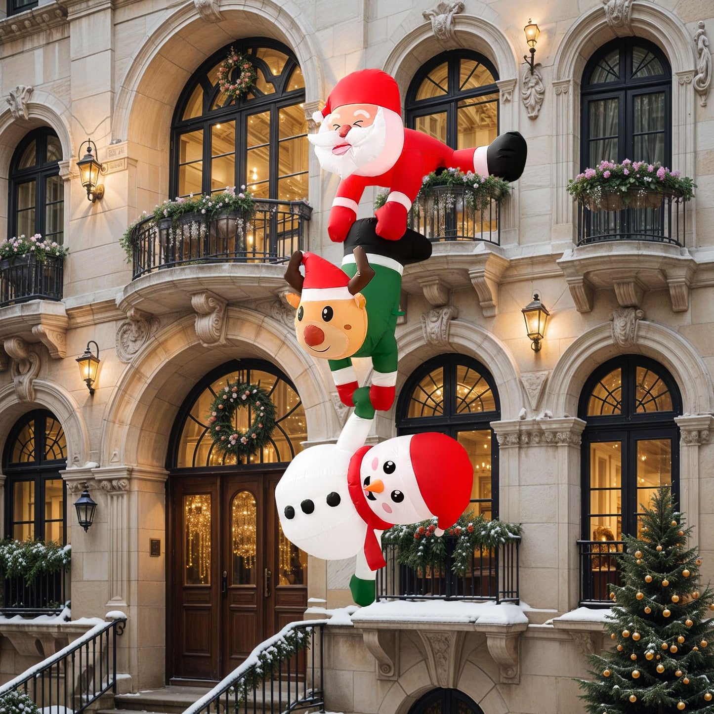 OurWarm 8FT Hanging Christmas Inflatables Decorations, Climbing Santa Claus with Reindeer & Snowman, Xmas Decor for Beam Roof Tree Indoor Home Party