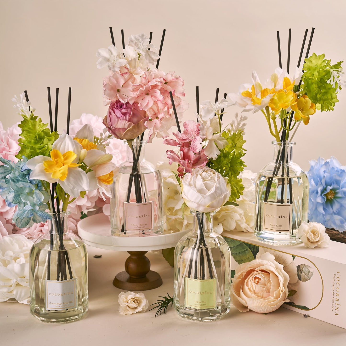 COCORRÍNA Reed Diffuser - White Tea 8.5 Fl.oz/ 250ml Flower Diffuser with 8 Sticks, Reed Diffusers for Home Bathroom Shelf Decor (Botanical Flower Collection)