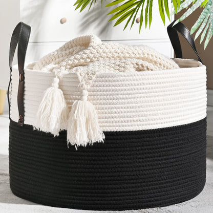 KAKAMAY Large Blanket Basket (20"x13"),Woven Baskets for storage Baby Laundry Hamper, Cotton Rope Blanket Basket for Living Room, Laundry, Nursery, Pillows, Baby Toy chest (White/Brown)