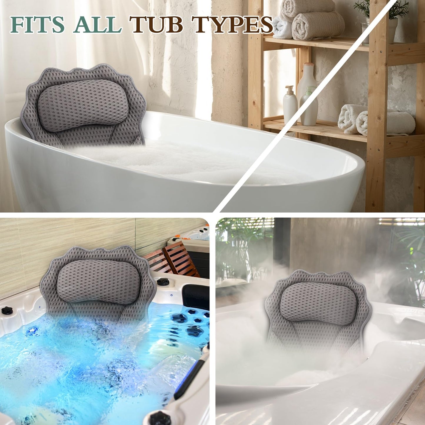 Bath Pillow RUVINCE Ergonomic Luxury Bathtub Pillow with Head,Neck, Shoulder and Back Support, 4D Bath Pillows for tub with 6 Powerful Suction Cups, Fits All Bathtub