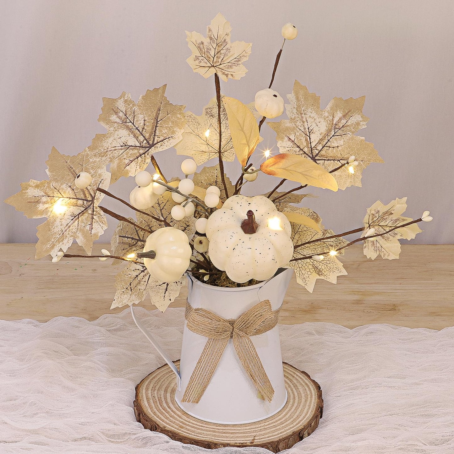 [Light & Timer] Fall Decor Table Centerpiece Potted White Maple Arrangement in Metal Pitcher Neutral Rustic Artificial White Pumpkin Berries Fall Decoration for Home Mantel Autumn Thanksgiving Wedding