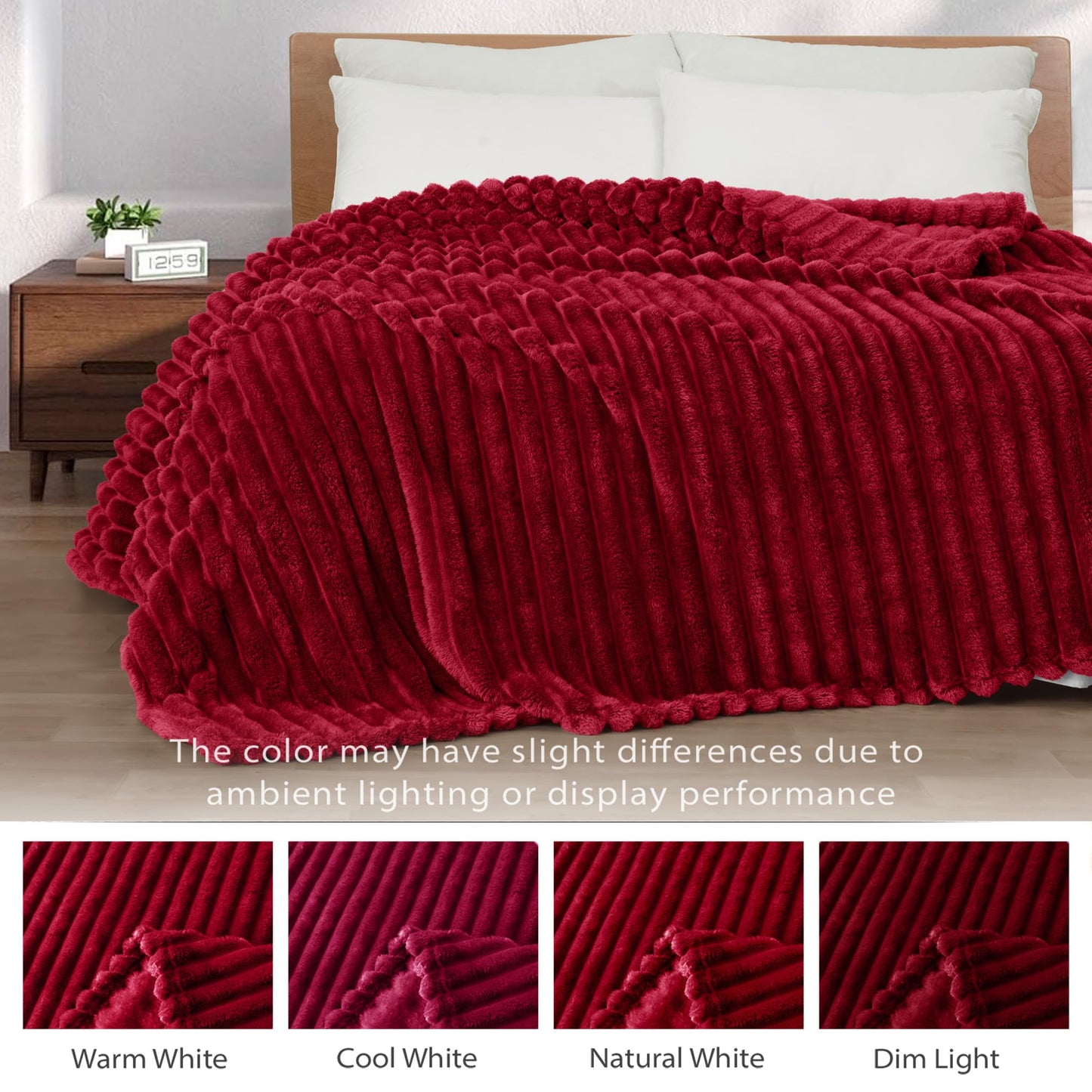 Exclusivo Mezcla Fleece Throw Blanket for Couch, Super Soft Striped Jacquard Bed Blanket, Lightweight Fuzzy Cozy for All Seasons, 50x60 Inches, Deep Red