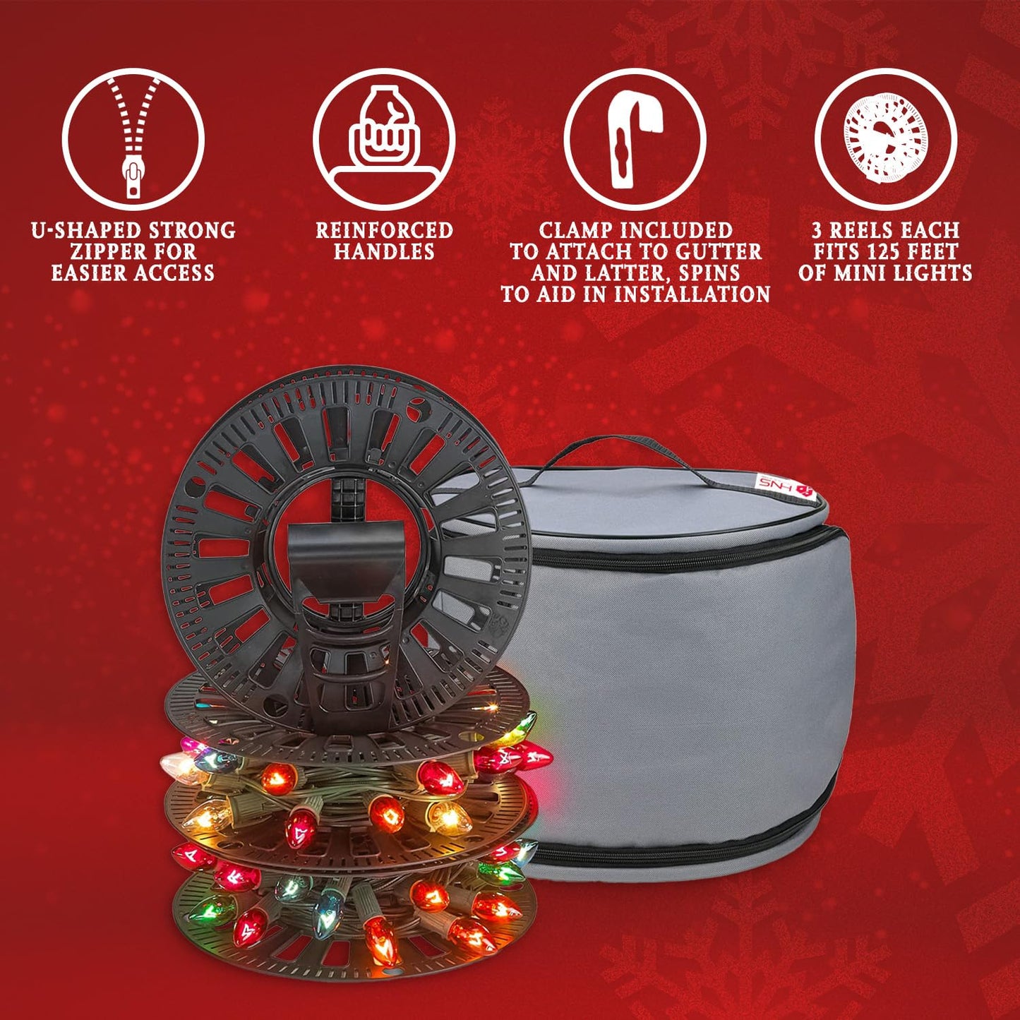 Premium Christmas Light Storage Bag – Heavy-Duty 600D Tear-Proof Material with Reinforced Handles – Includes 3 Reels, Stores up to 375 Ft of Mini Lights & Extension Cords – Grey with PVC Lining