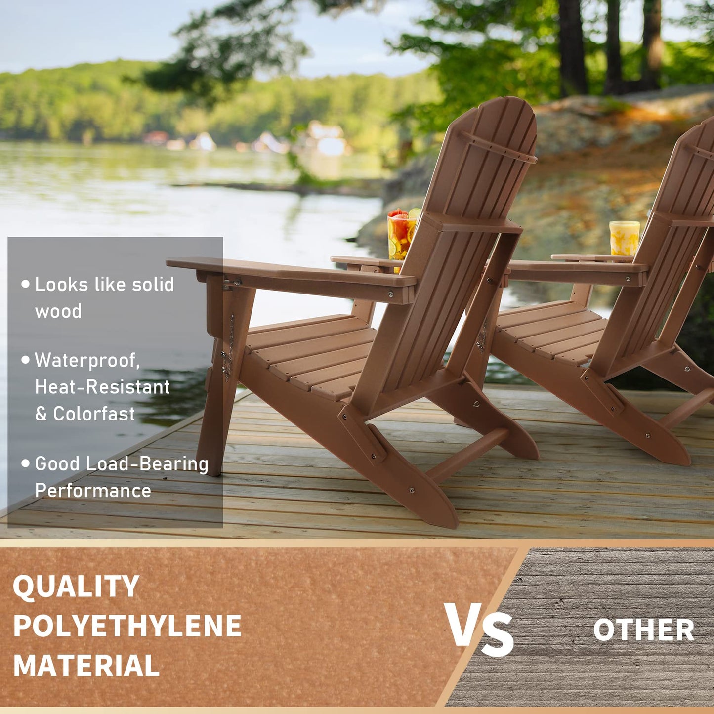 FUNBERRY Folding Adirondack Chairs Set of 2 with Adjustable Backrest, HDPE All Weather Fire Pit Chairs with Cup Holder