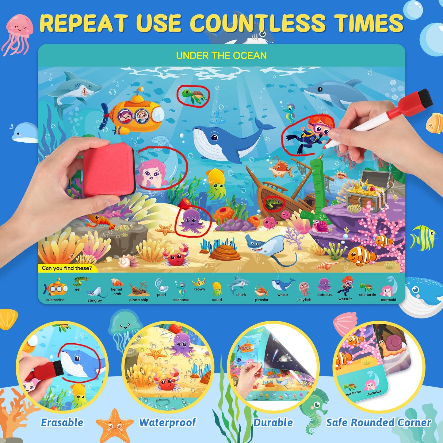 Search and Find Books for Kids Ages 3,4,5,6, Preschool Learning Activities, Educational Reusable Mats for Toddlers, Travel Game Toys for Road Trip Train, Art & Crafts, Birthday Gifts for Girl and Boy