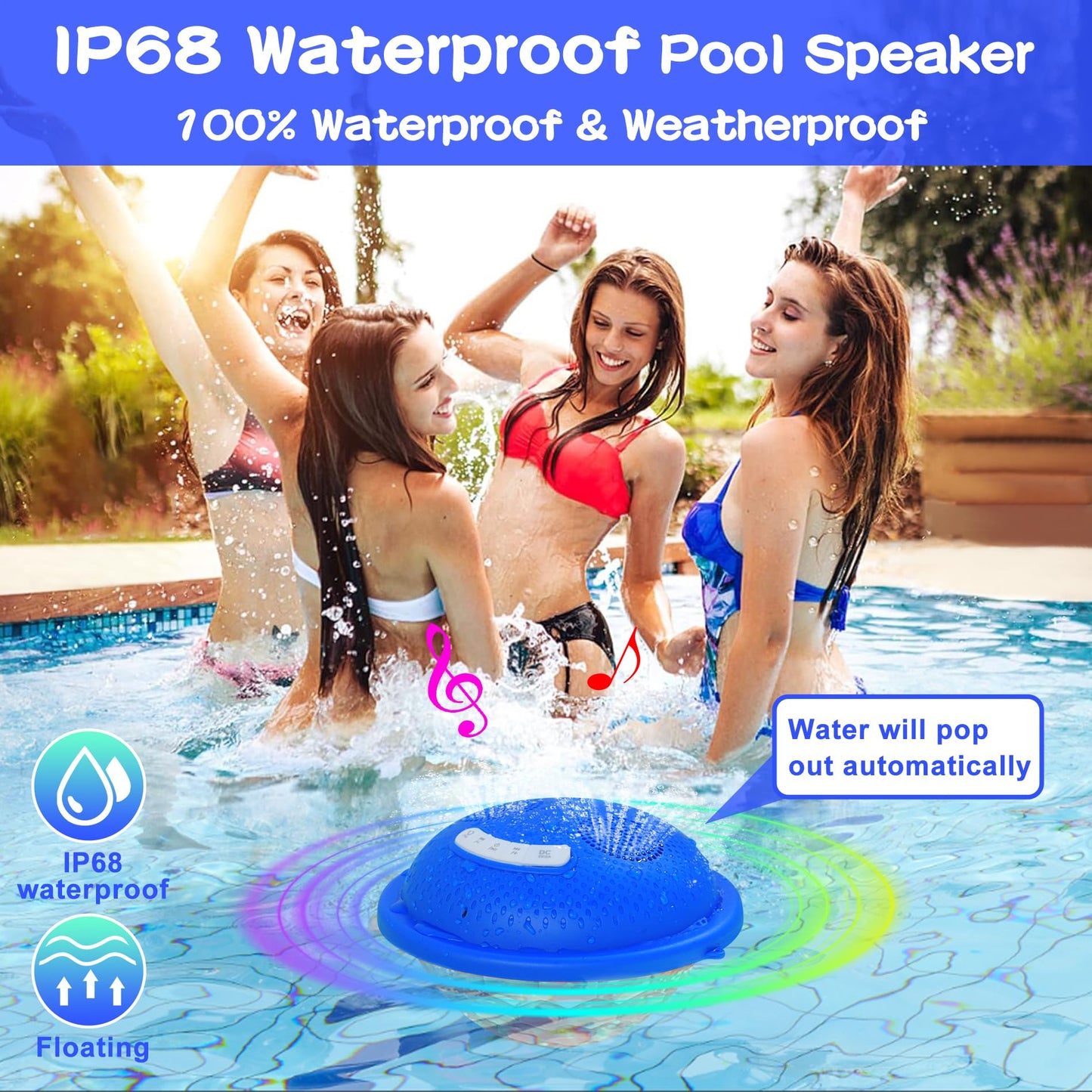 KingSom Bluetooth Pool Speaker,Floating Pools Speaker with Colorful Lights,Hot Tub Speakers IP68 Waterproof Poo l Speakers,16W Loud Stereo Sound Bluetooth Speake r,TWS Pairing Floating Speake r-Blue