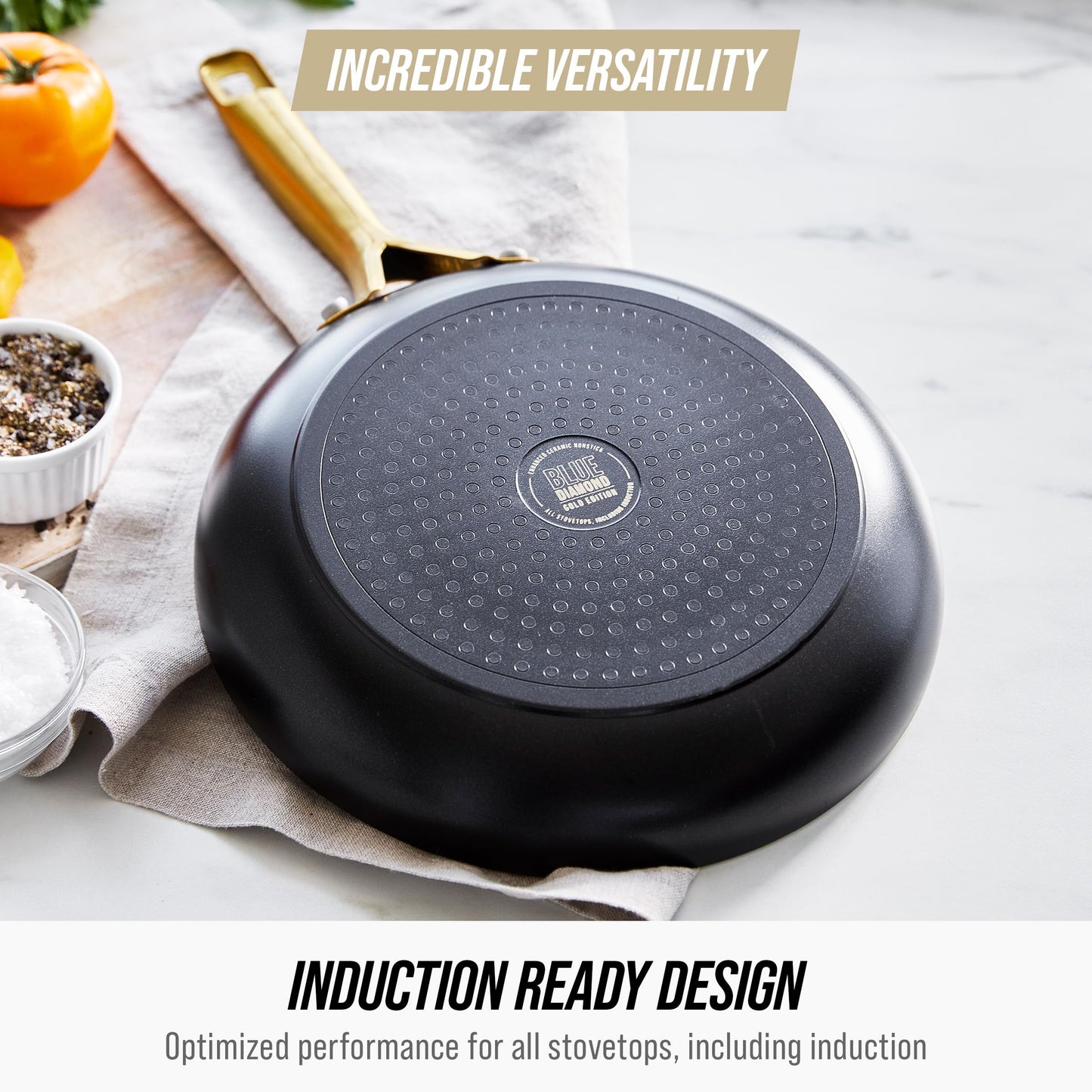 Blue Diamond 14 Piece Induction Nonstick Cookware Set, Diamond Infused PFAS-Free Ceramic Nonstick Pots & Pans, Durable Metal Utensil Safe, Dishwasher Safe, Oven & Broiler to 600F, Black/Gold