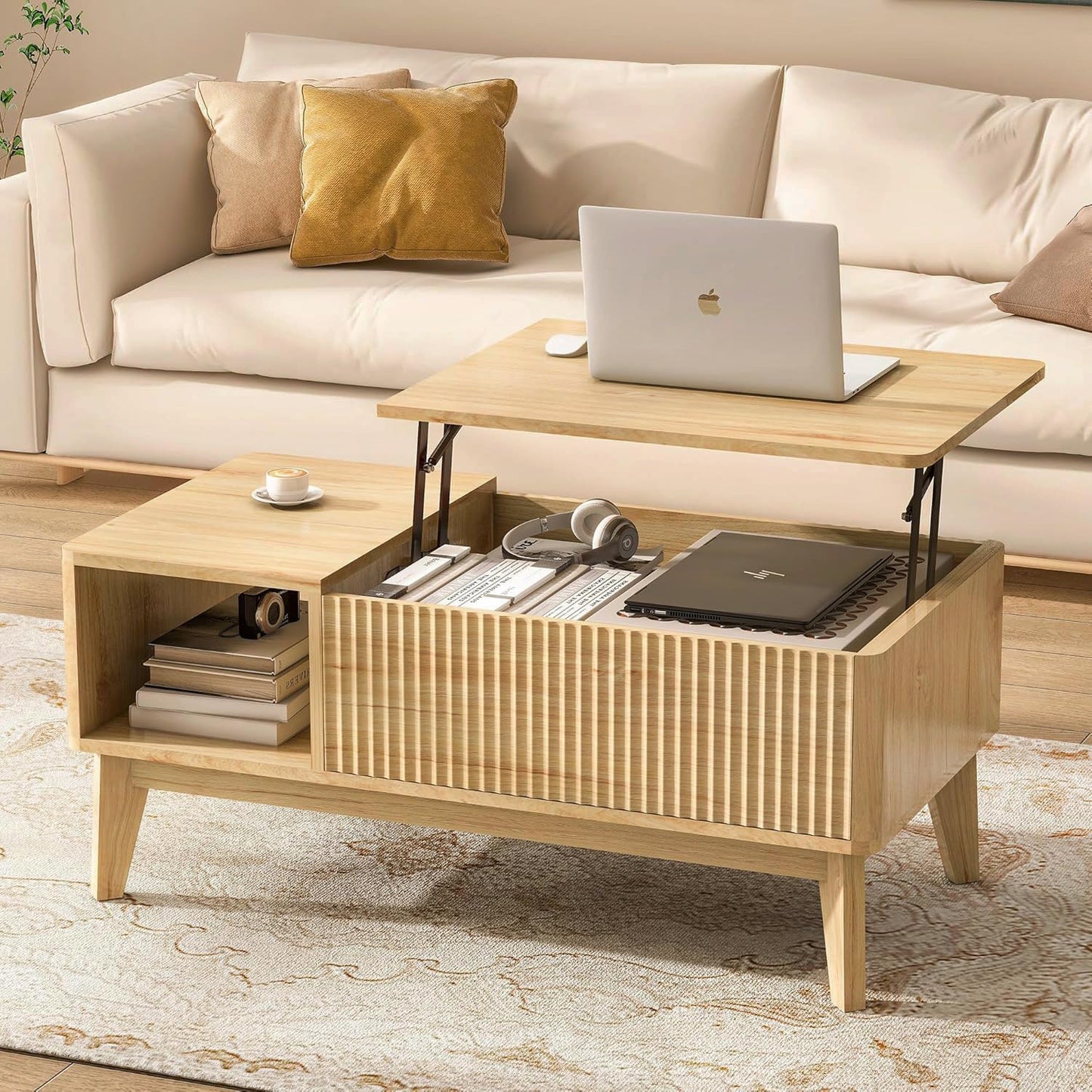 LYNCOHOME Fluted Lift Top Coffee Table with Hidden Compartment, Modern Center Table for Living Room, Home Office, Natural