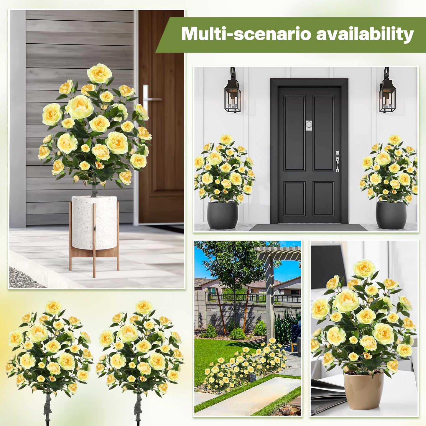 Lunmon 2 Pack 36" Artificial Camellia Tree Plants 3ft Faux Camellia Flower with Spike UV Resistant Fake Floral Blooming Bush for Indoor Outdoor Wedding Front Door Porch Garden Backyard Garden(Yellow)