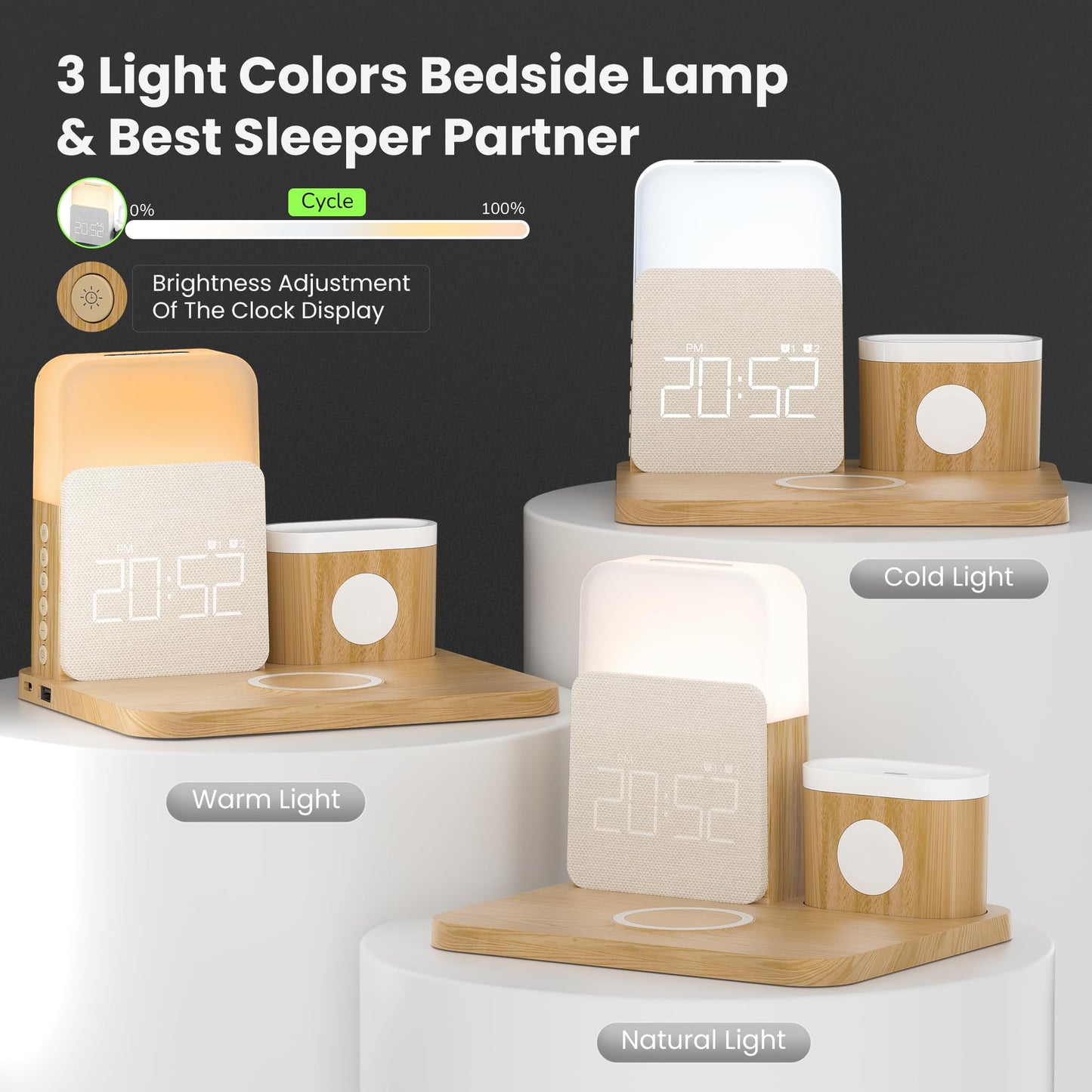 Alarm Clock Charging Station for Bedrooms, 7 in 1 Wireless Charging Station, Mag-Safe Charger with Night Light Bedside Clock for iPhone 16 15 14 13 12 Pro Max, Apple Watch, AirPods