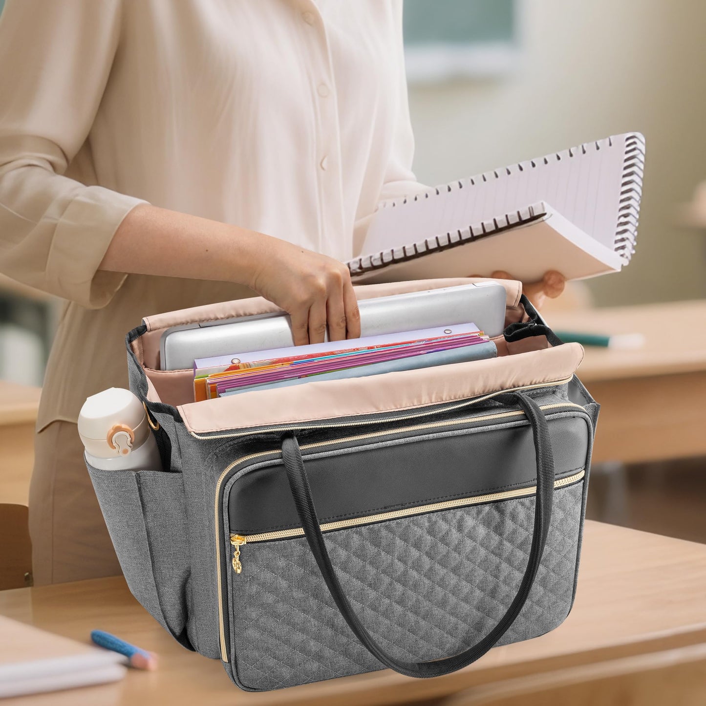 LUXJA Teacher Tote Bag with Accordion File Pocket, Teacher Bag for Women with 15.6 Inch Laptop Compartment, Gray