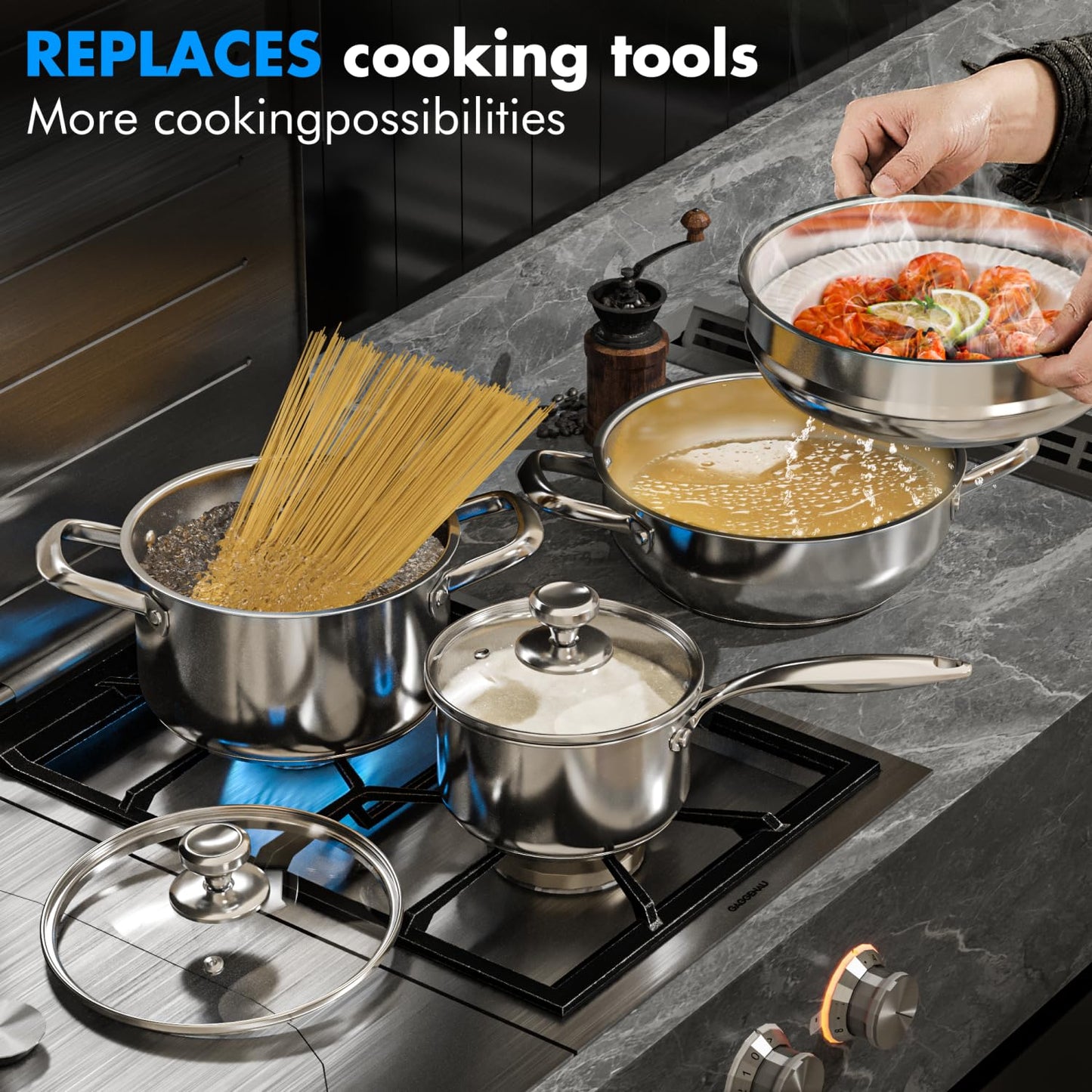 Pots and Pans Set,12-Piece Stainless Steel Cookware Set, Induction Ready Kitchen Cooking Set, Includes Saucepans, Stockpot, Steamer & Strainer Basket, Glass Lids, Dishwasher & Oven Safe