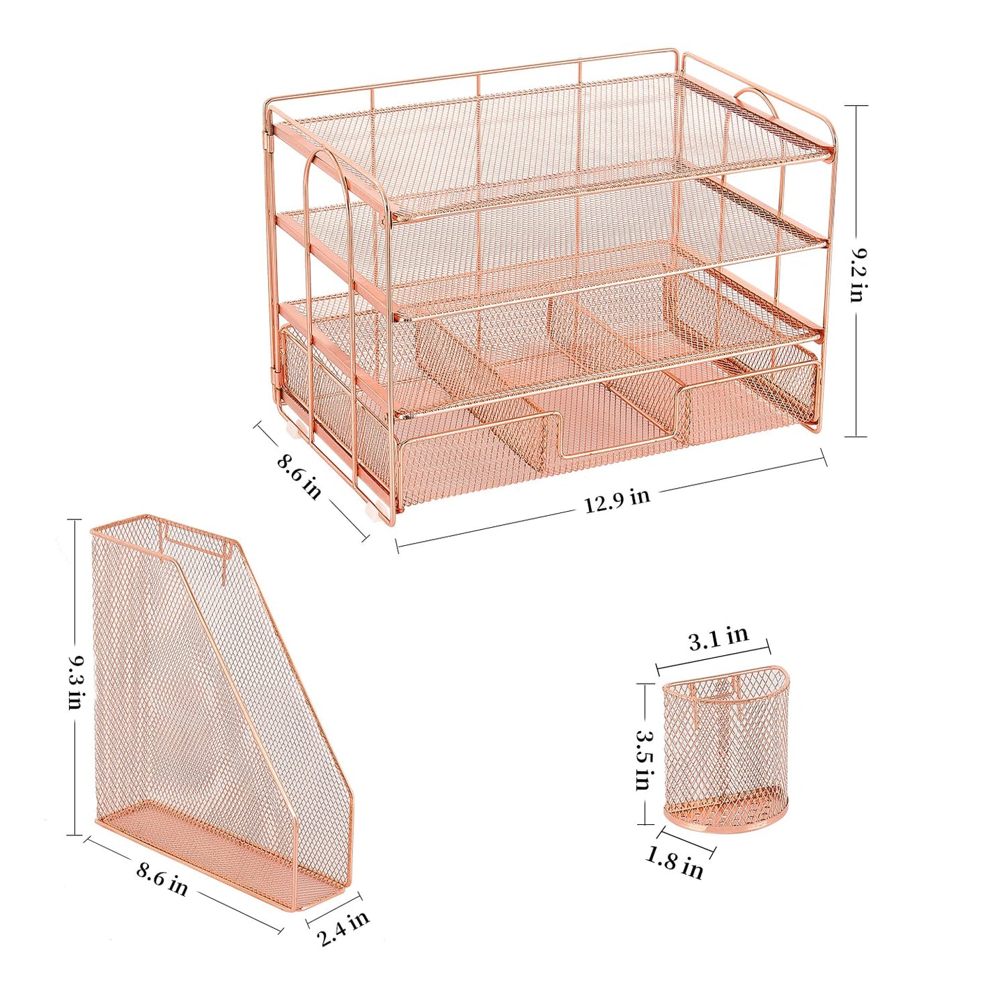 gianotter Desk Organizers and Accessories with File Holder, 4-Tier Desk Accessories & Workspace Organizers with Drawer and 2 Pen Holder, Paper Organizer for Office Supplies (Rose Gold)