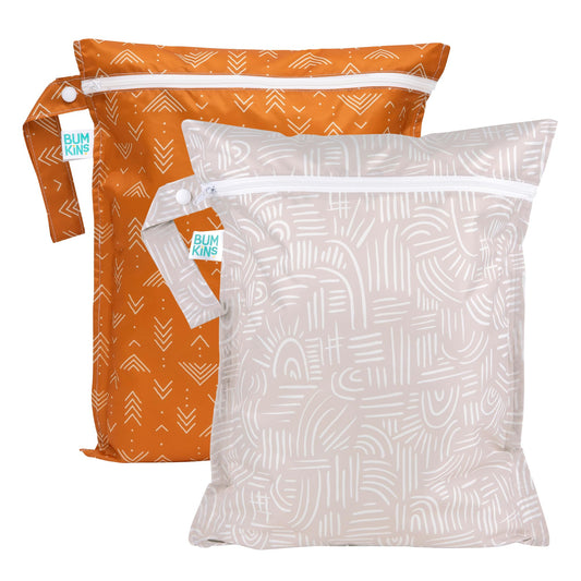 Bumkins - Waterproof Wet Bag - For Baby, Travel, Swim Suit, Cloth Diapers, Pump Parts, Pool, Gym, Toiletry, Strap to Stroller - Reusable & Easy to Clean - 2pk - Desert Boho