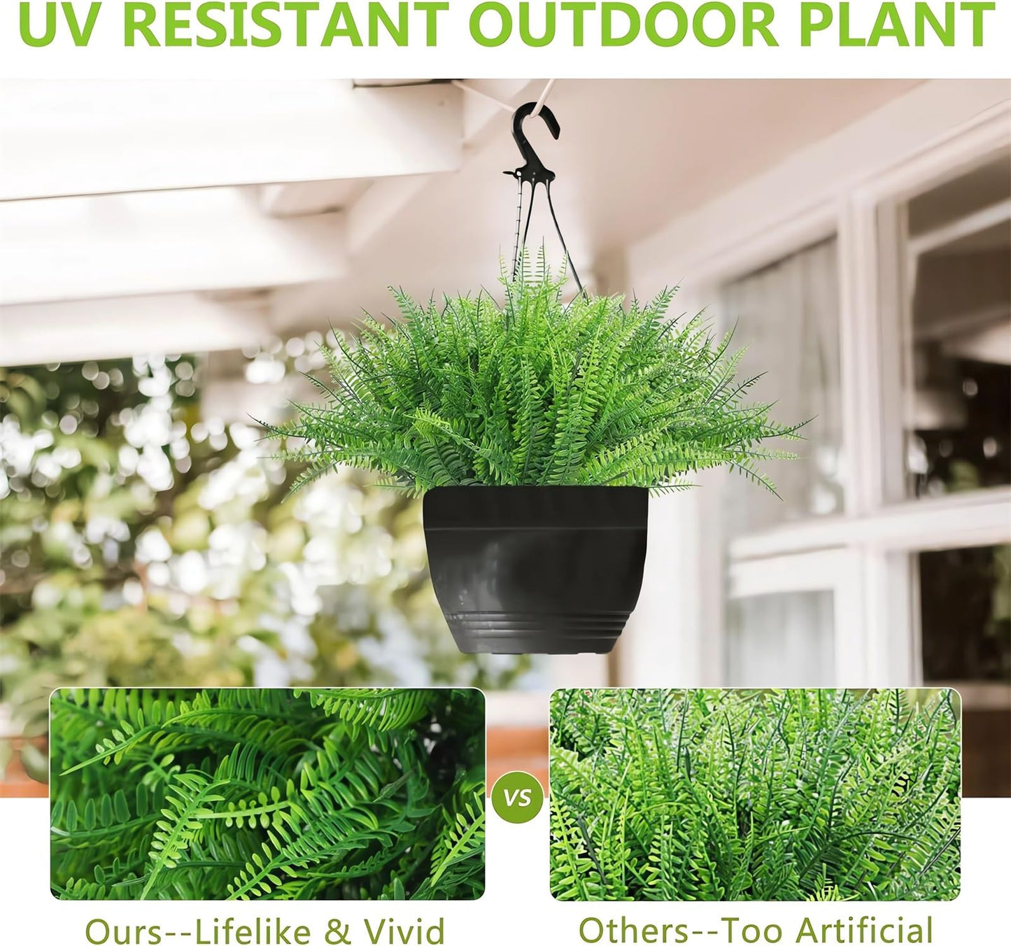 UV Resistant Lifelike Artificial Boston Fern - 2024 New Faux Boston Ferns Outdoor Planter Large, Realistic Fake Feen Hanging Silk Fern Stems Indoor Basket Plant Urn Fillers Front Porch (2, Green)