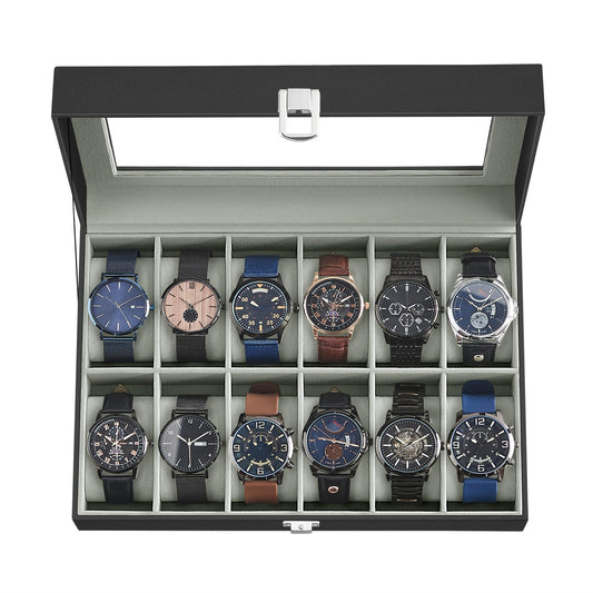 SONGMICS Watch Box, 12-Slot Watch Case with Large Glass Lid, Removable Watch Pillows, Watch Box Organizer, Gift for Loved Ones, Black Synthetic Leather, Gray Lining UJWB12BK