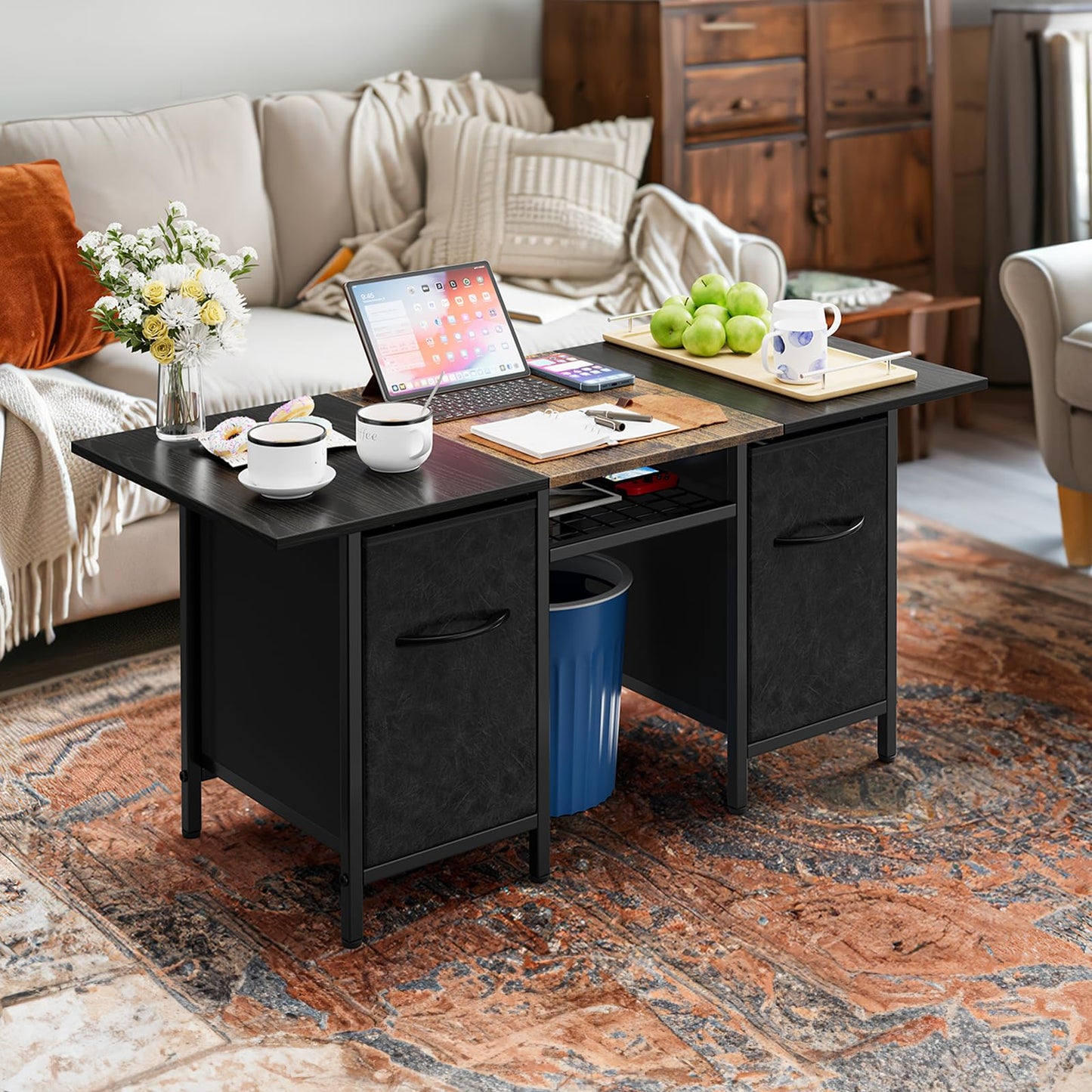 Small Coffee Tables for Living Room 35'' Rectangle Coffee Table with 2 Fabric Storage Drawers and Metal Shelf, Wood Center Table for Small Spaces, Home Office, Black & Rustic Brown