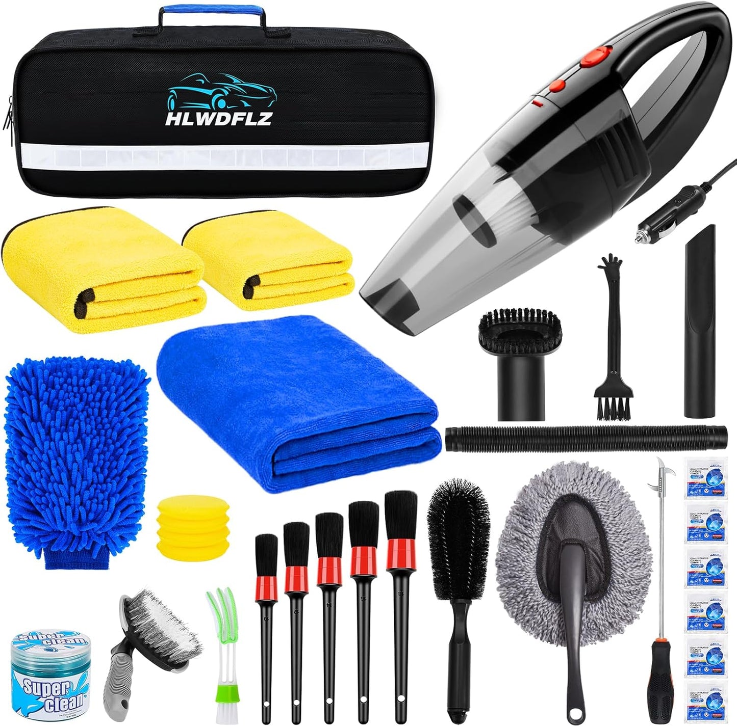 30PCS Car Wash Cleaning Kit - High Power Portable Car Vacuum Cleaner, Car Interior and Exterior Detailing Set with Cleaning Gel, Duster, Brush, Towels, Wash Mitt