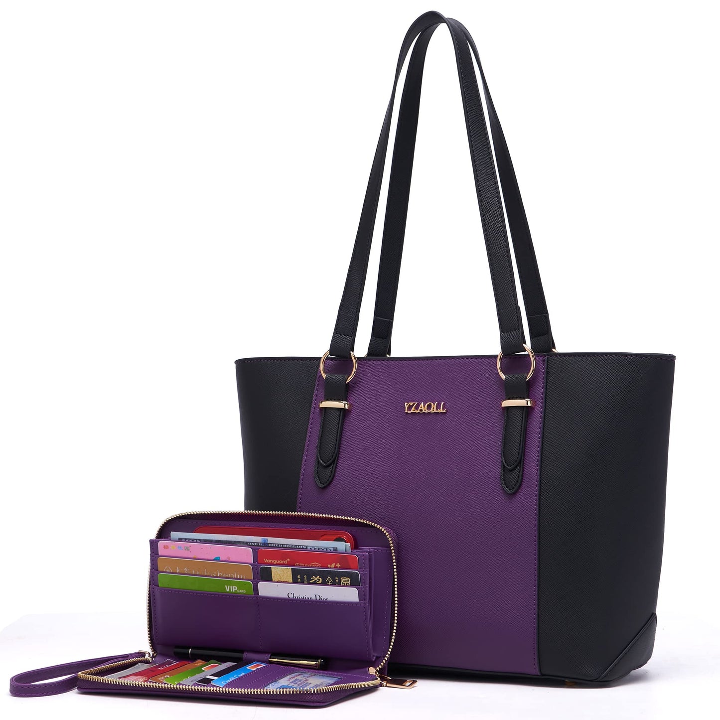 Purses for Women Large Tote Shoulder Color Blocking Handbags Top Handle Satchel Women Purse Wallet set 2pcs PurpleBlack