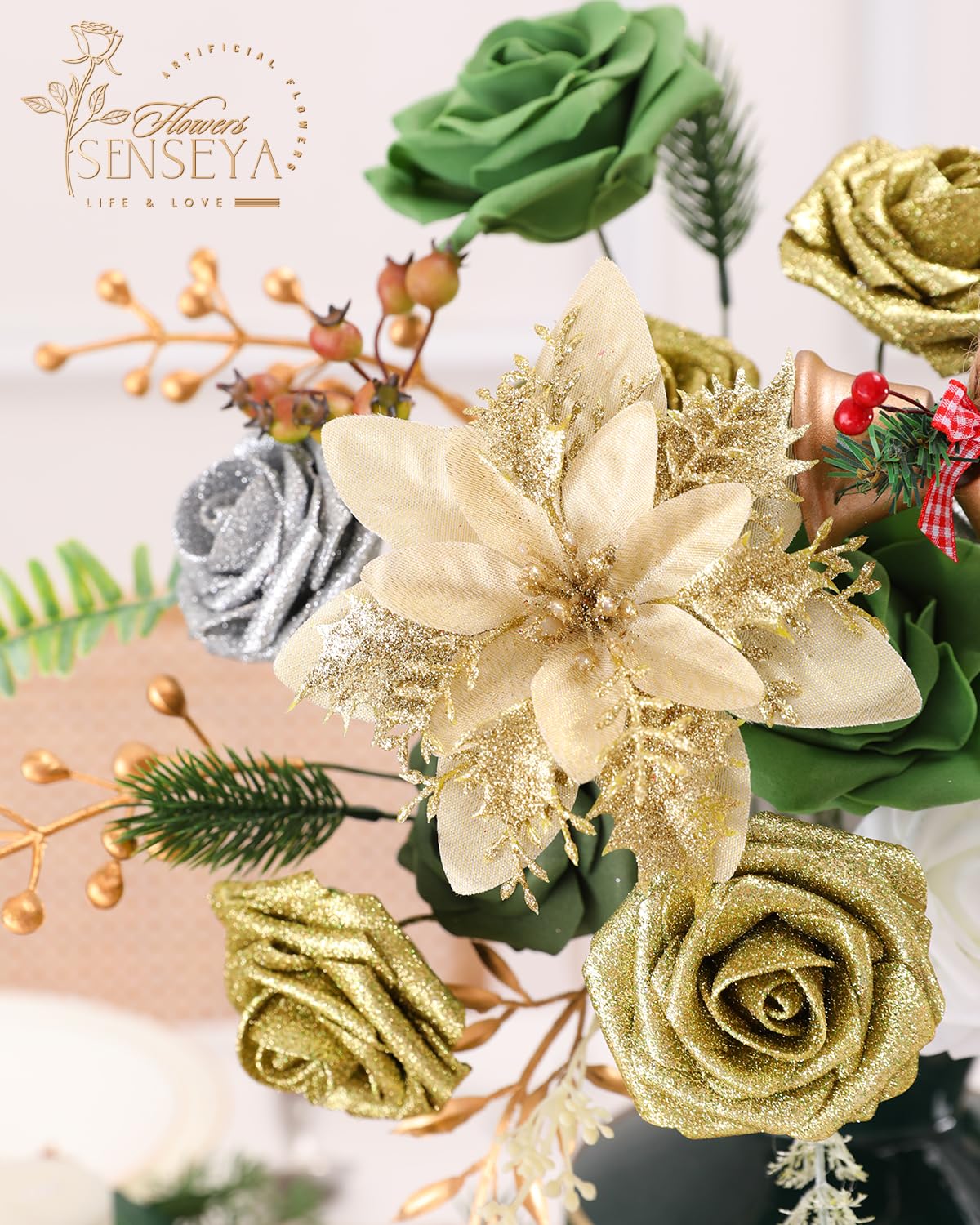 Senseya Artificial Christmas Flowers Poinsettia Combo Set, Mix Silk Flowers Fake Roses with Stems, for DIY Tree Ornaments Xmas Wreath Floral Arrangements Centerpieces Home Christmas Decorations