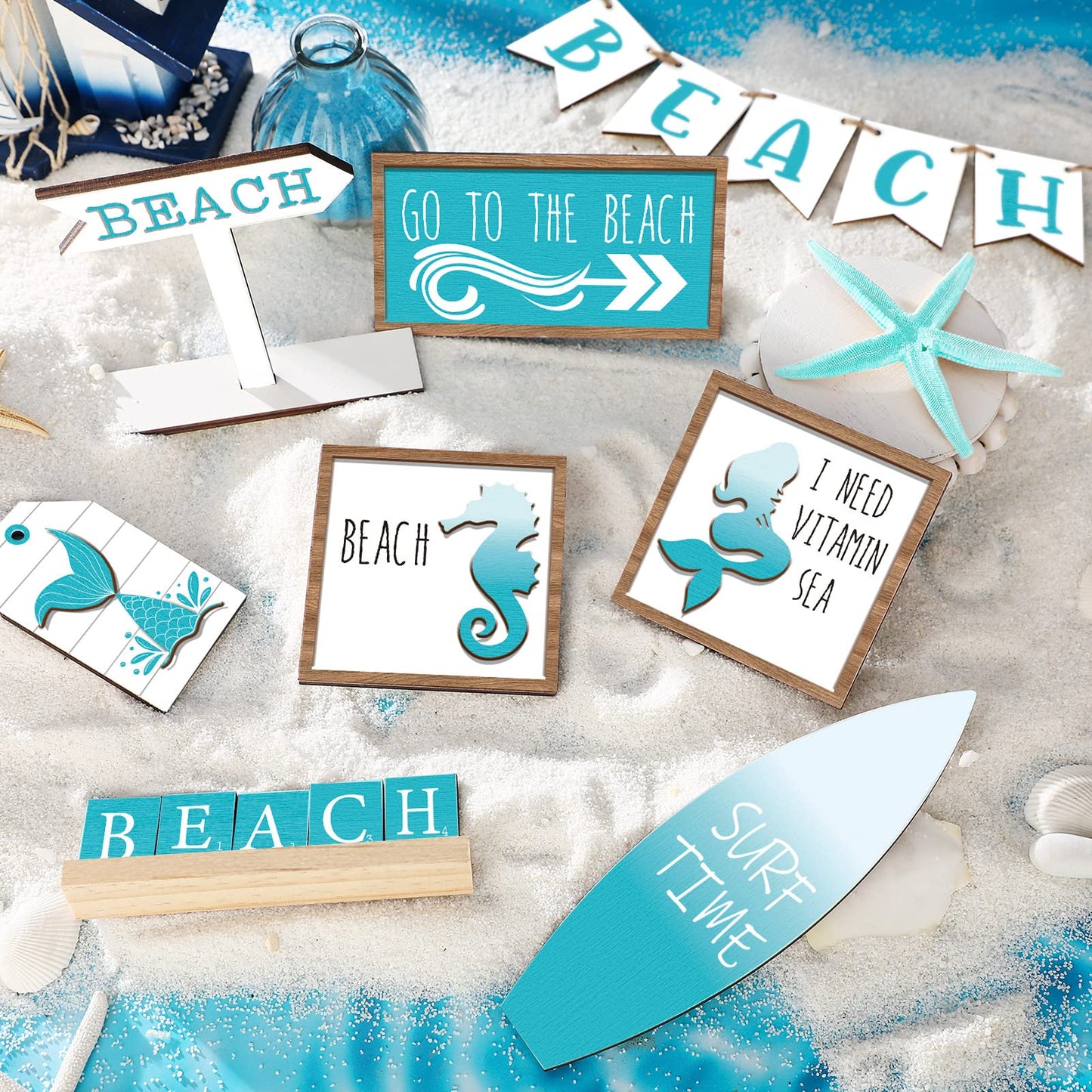 FairySandy 14 Pcs Summer Beach Tiered Tray Decor Set Farmhouse Wooden Beach Starfish Table Decor Blue Rustic Tabletop Sign Coastal Centerpieces for Summer Home Kitchen Table Hawaii Party Holiday