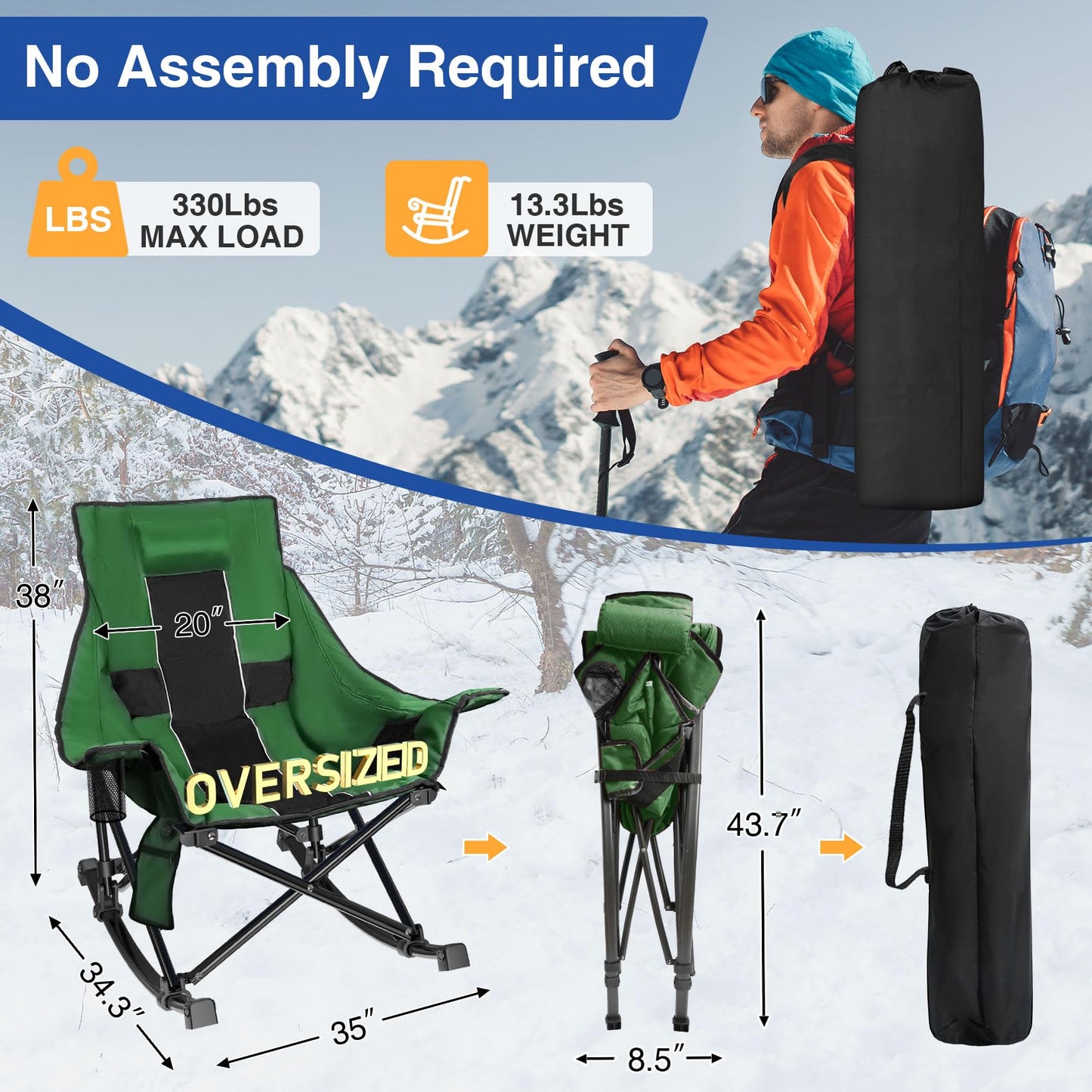 Slendor Oversized Rocking Camping Chair, Heated Camping Chair with 3 Heat Levels, Portable Outdoor Rocker Chair, High Back, Pillow, Carry Bag, Padded, Supports 330 lbs, Green