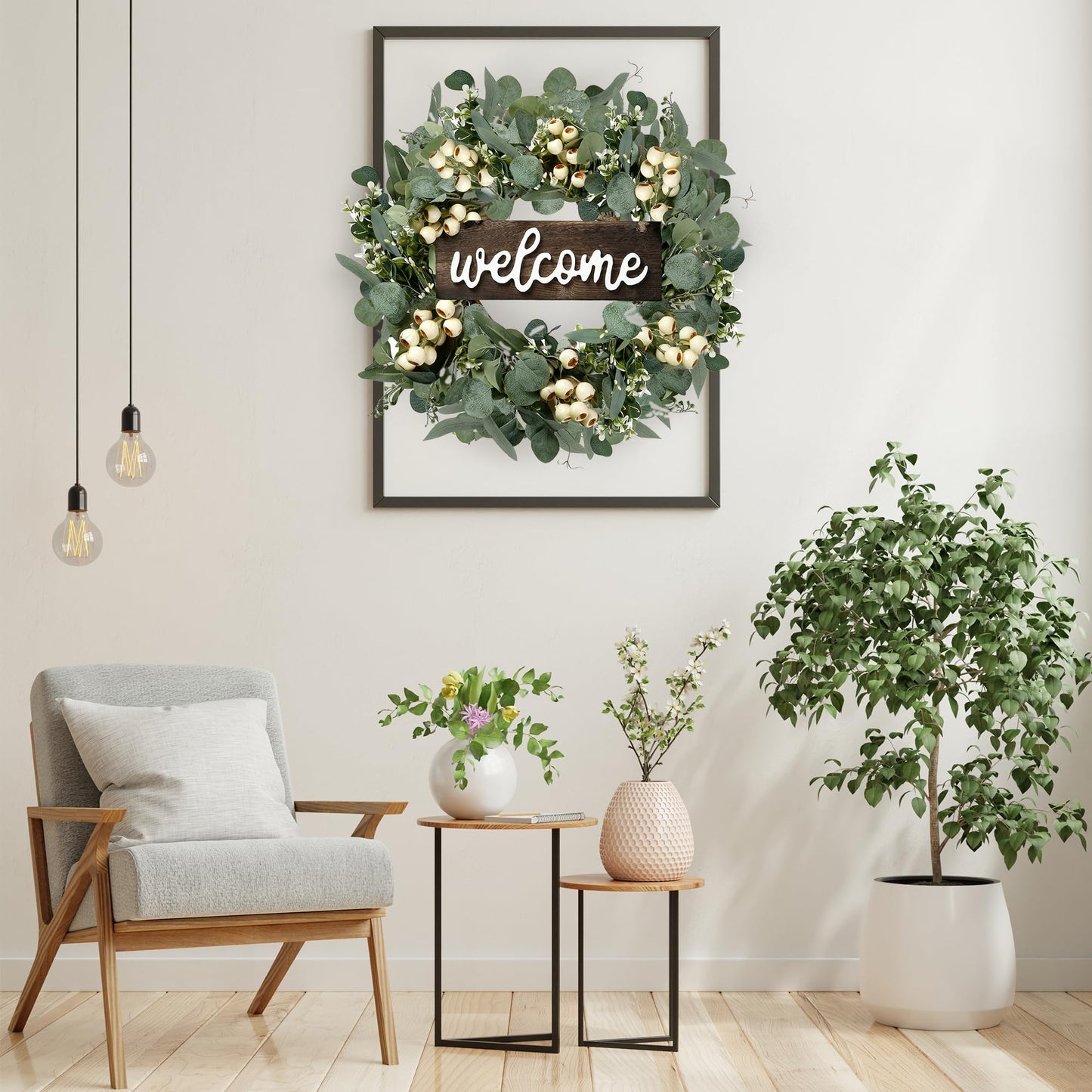 Sggvecsy Green Artificial Eucalyptus Wreath with Welcome Sign 20in Spring Summer Wreath with White Berries for Front Door Wall Window Festival Porch Farmhouse Patio Garden Decor