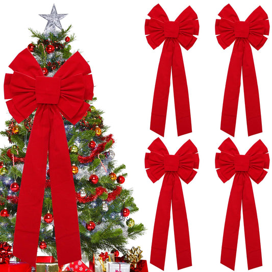 4 Pack Christmas Tree Bow Topper Red, 18”x35” Car Bow, Christmas Bows Decoration Large, Wreath Bow, Christmas Red Velvet Bows, for Xmas Home Front Door Patio Outdoor Decor (Red 2, 4 Pack)