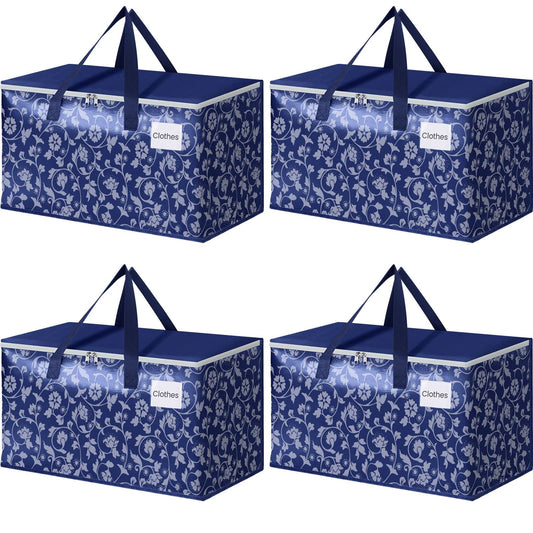 HomeHacks Moving Bags, Extra Large Size Moving Boxes, Heavy Duty Luggage Bags with Smooth Zipper and Sturdy Handles, Large Capacity & Easy Loading Storage Totes for Space Saver 88L, 4-Pack, Blue